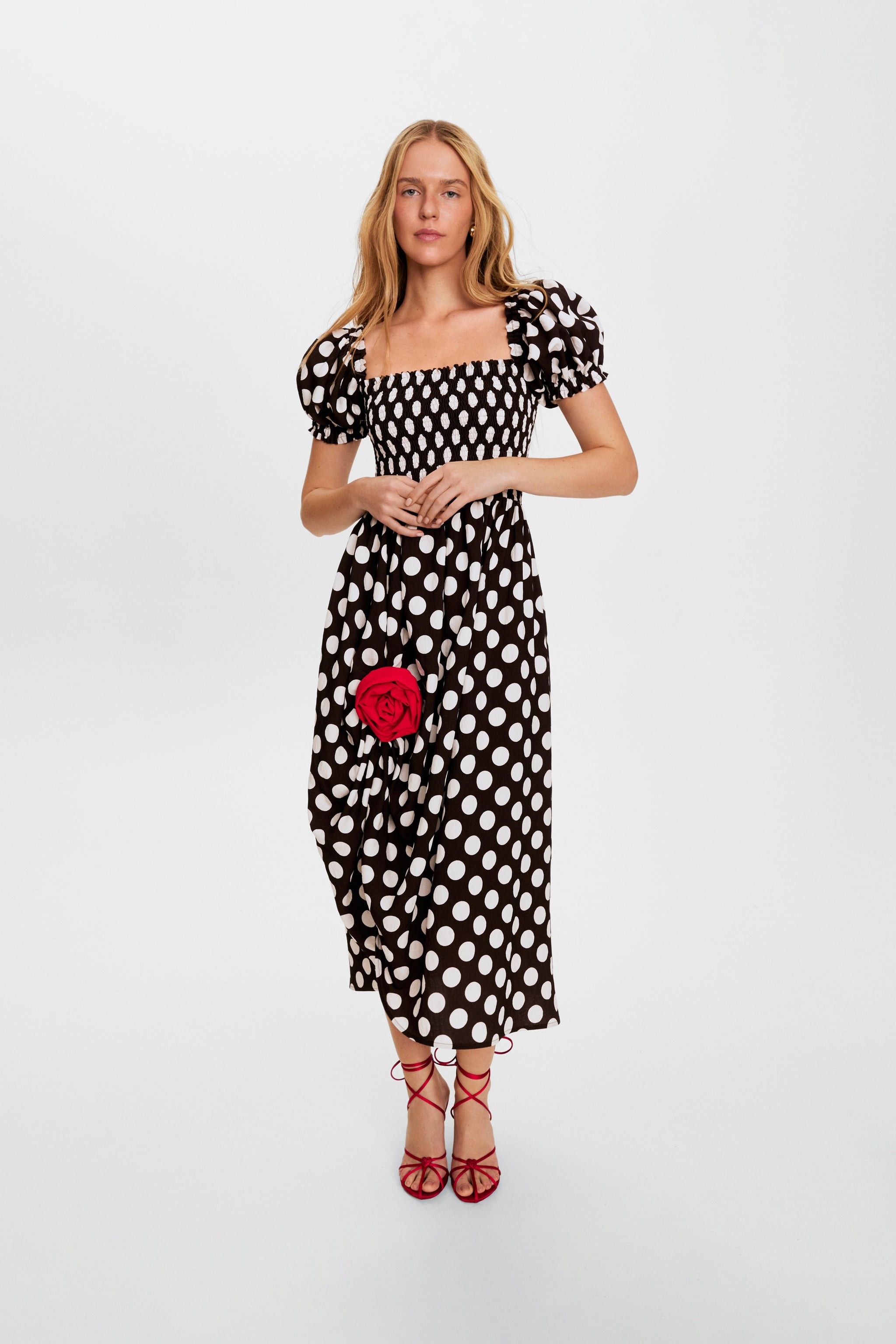 Belle Dress with Rose Detail in Black Polka Dot