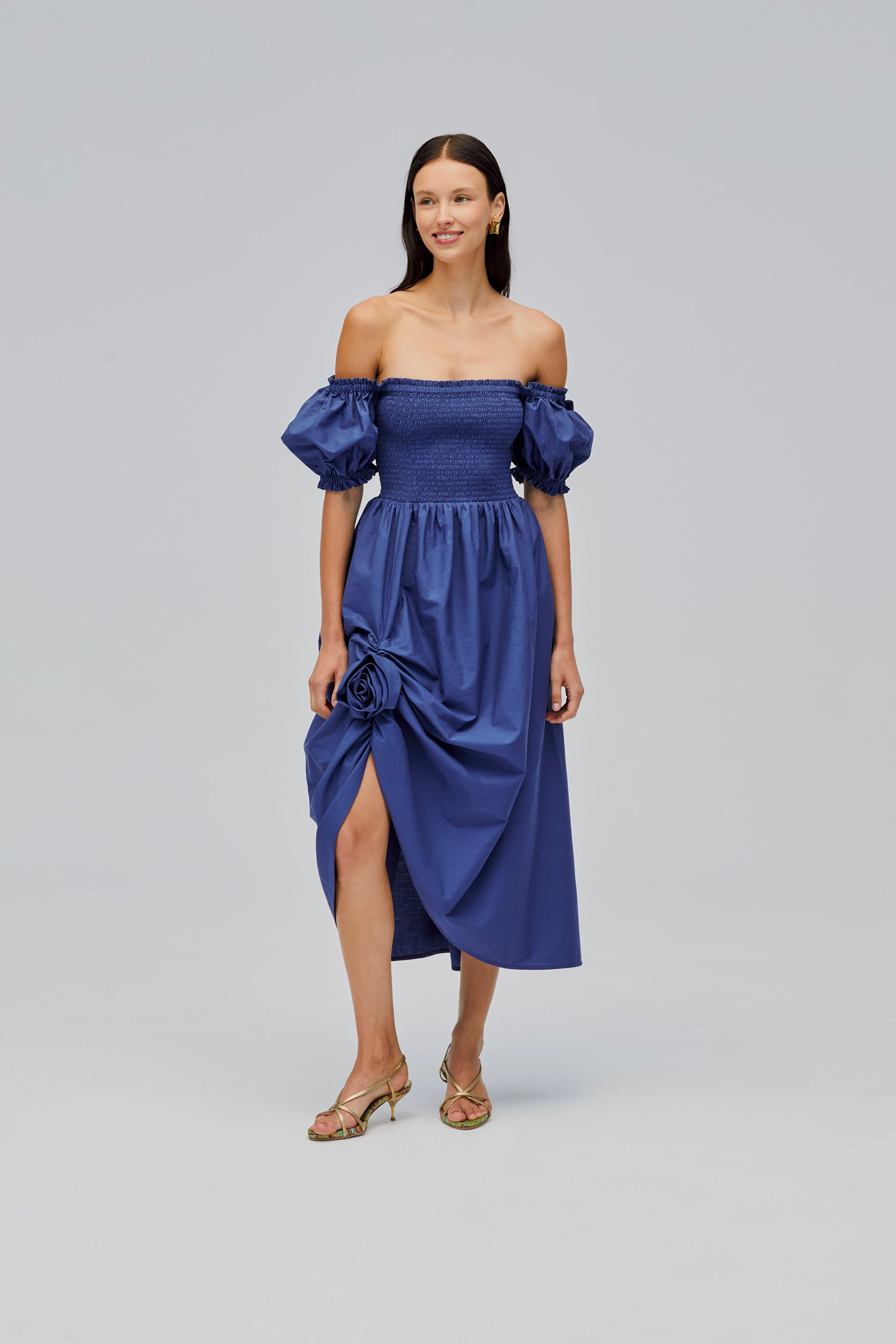 Belle Cotton Dress with Rose Detail in Navy