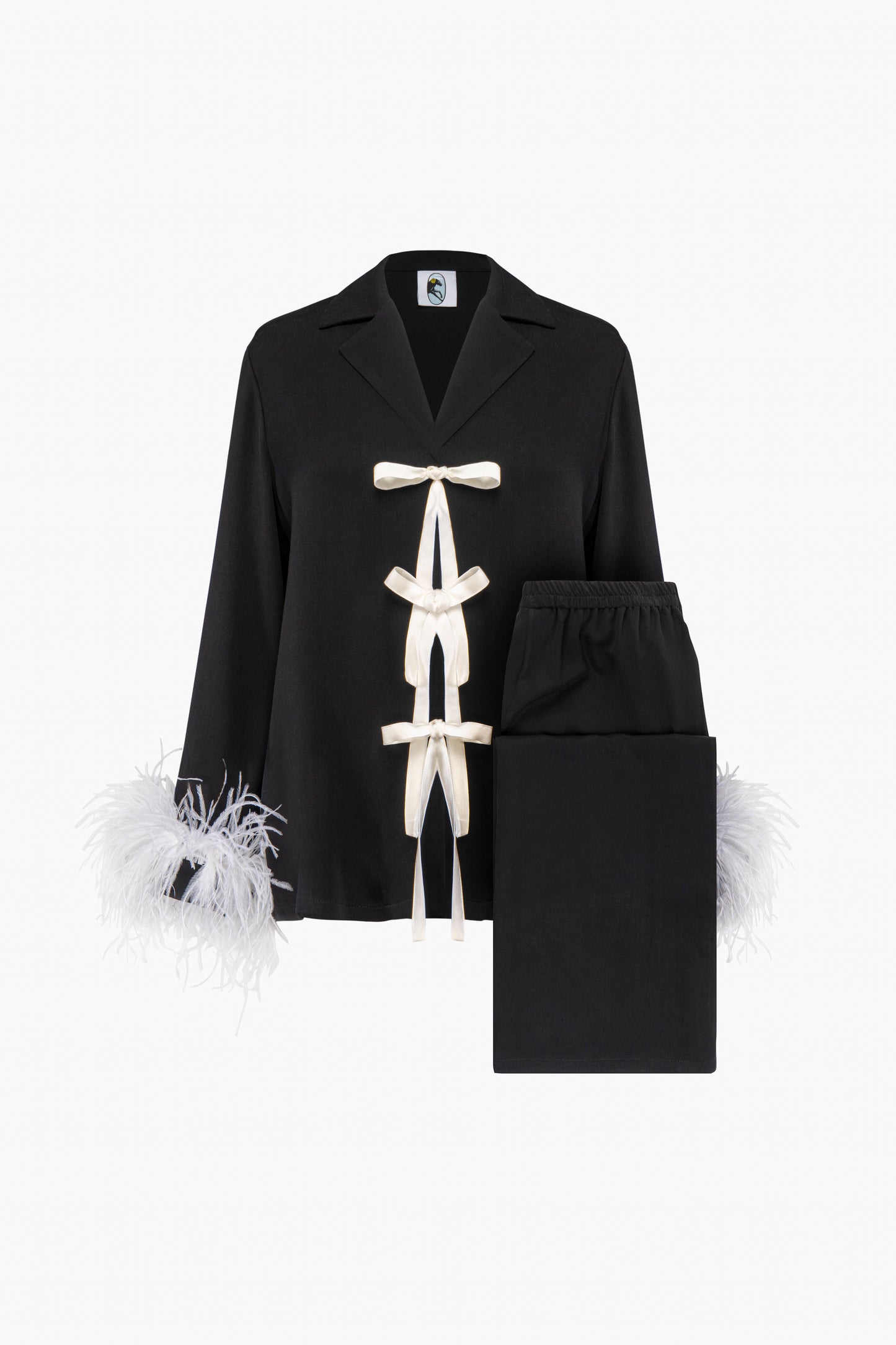 The Bow Pajama Set with Detachable Feathers in Monochrome