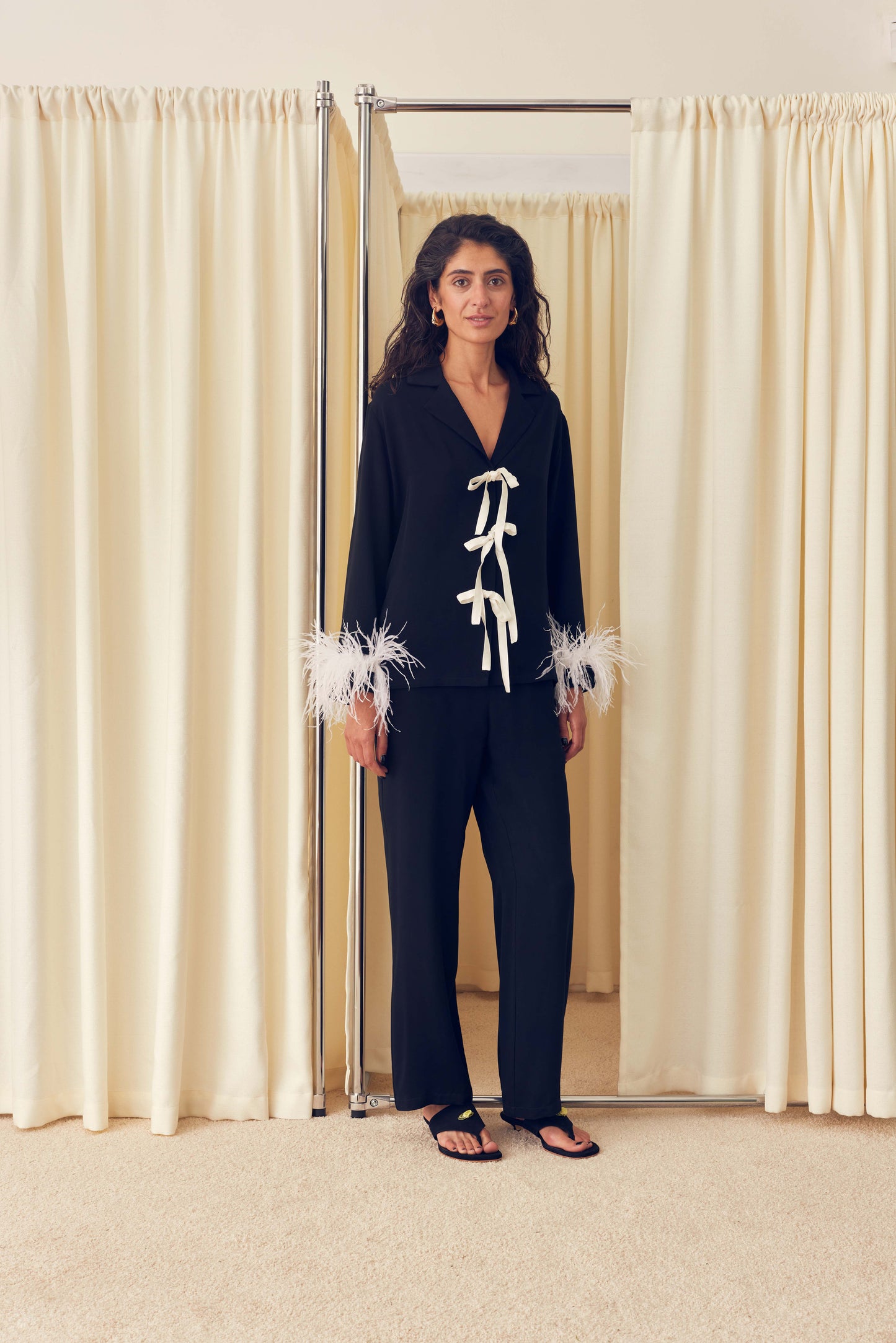 The Bow Pajama Set with Detachable Feathers in Monochrome