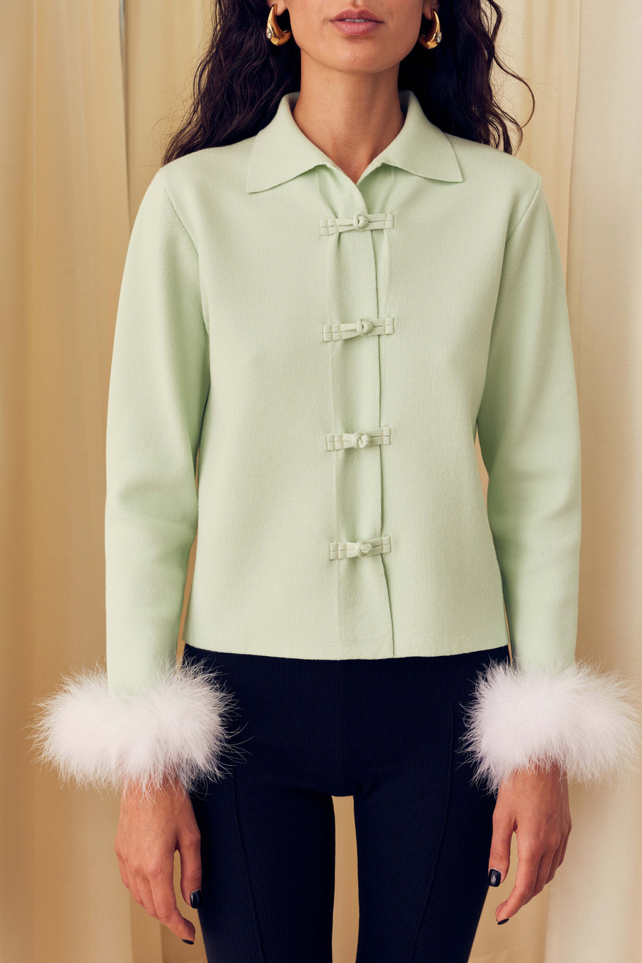 Crane Knitted Cardigan with Detachable Feathers in Mint