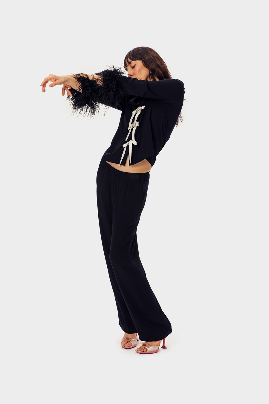 The Bow Pajama Set with Detachable Feathers in Black