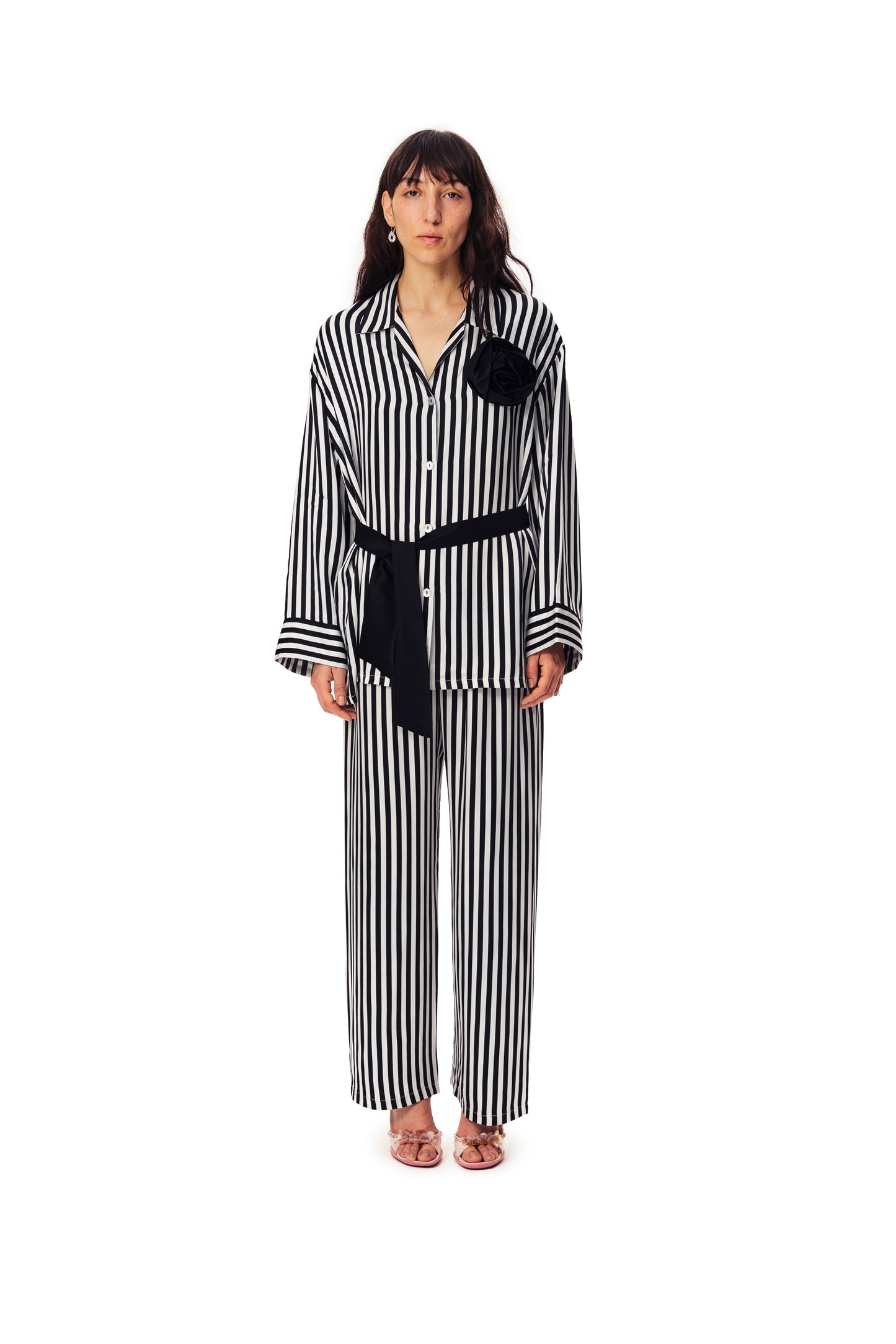 The Rose Oversized Satin Pajama Set in Stripes