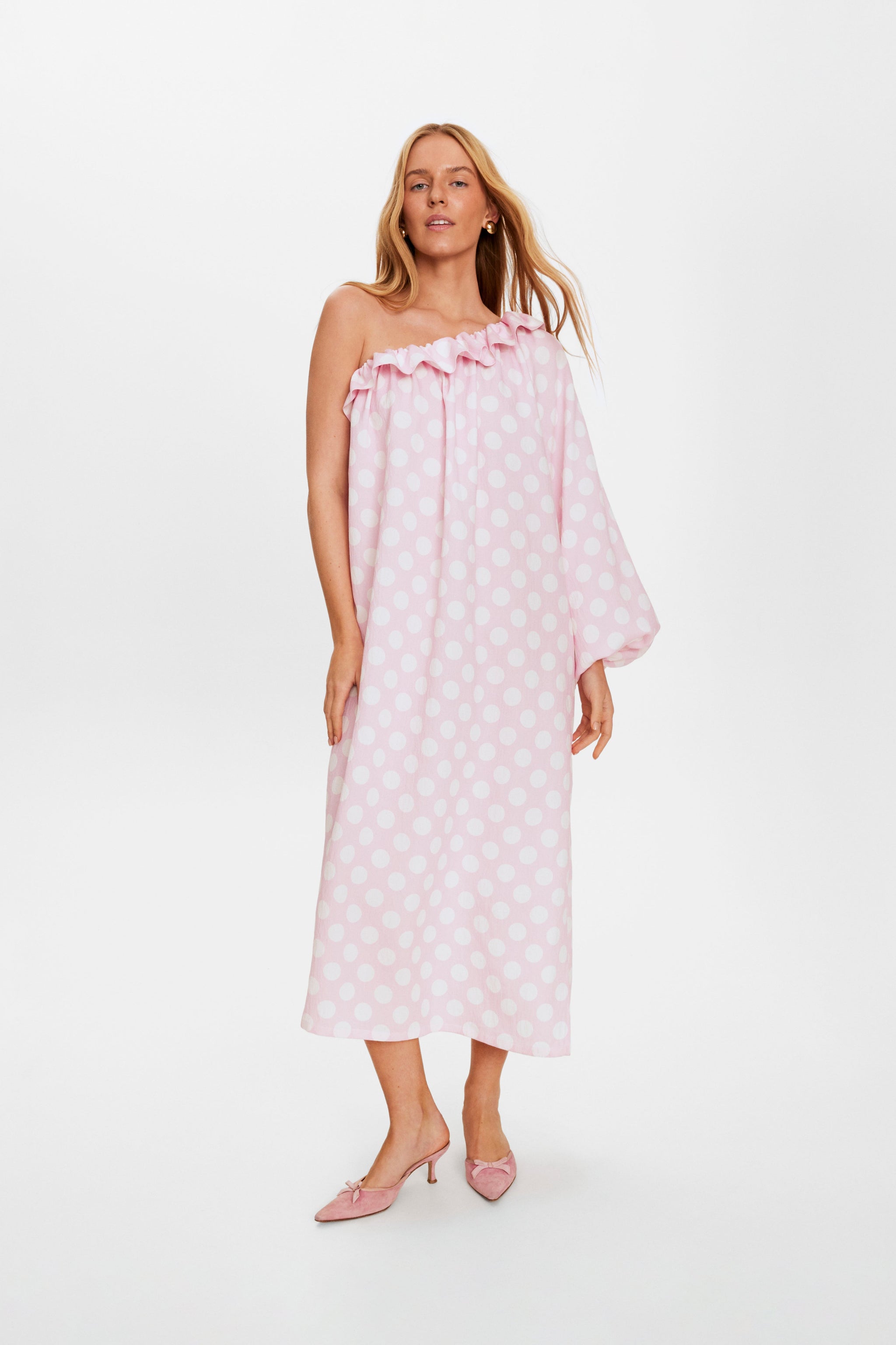 Gaia Soft Viscose Midi Dress in Pink Polka Dot