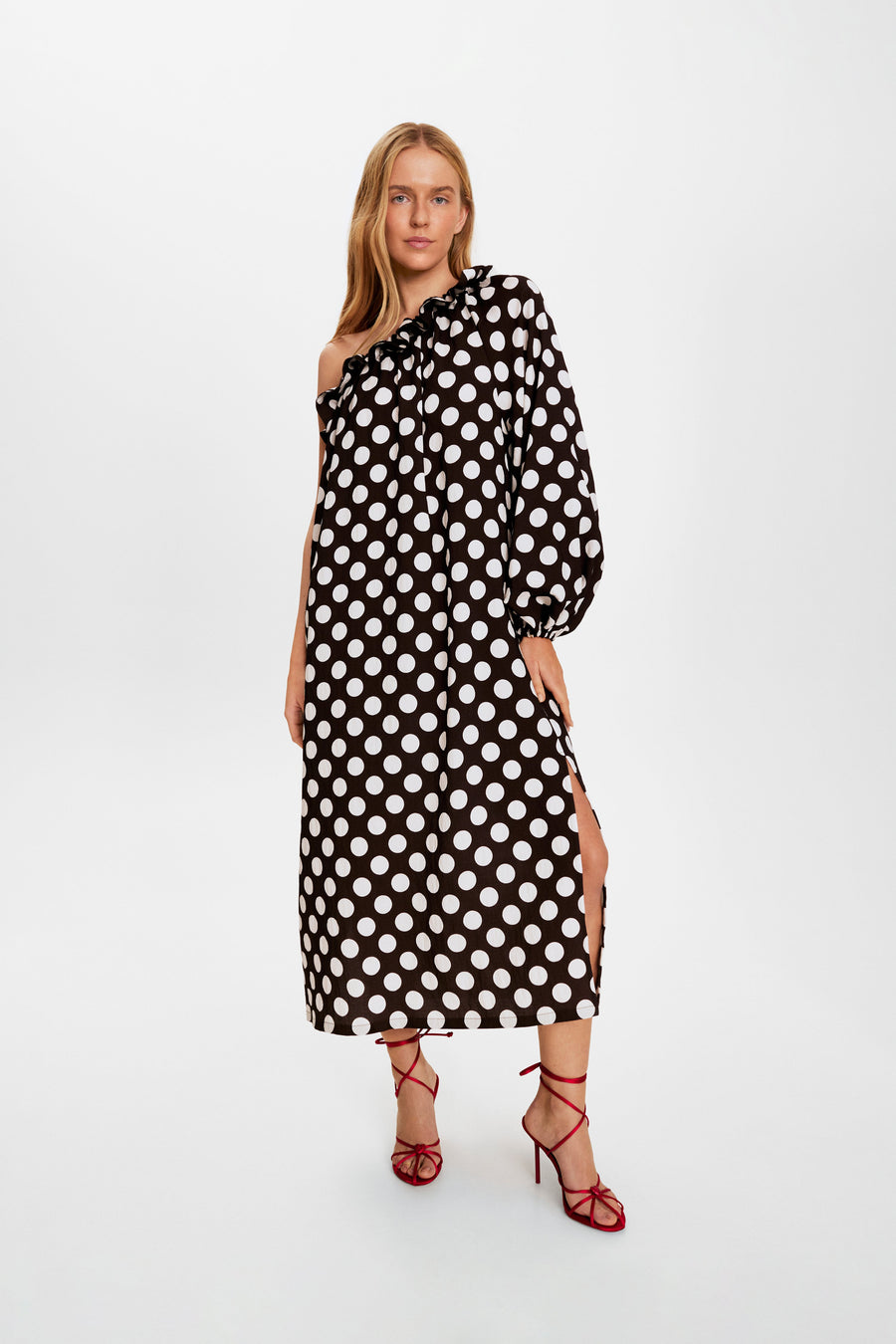 Gaia Soft Viscose Midi Dress in Black Polka Dot