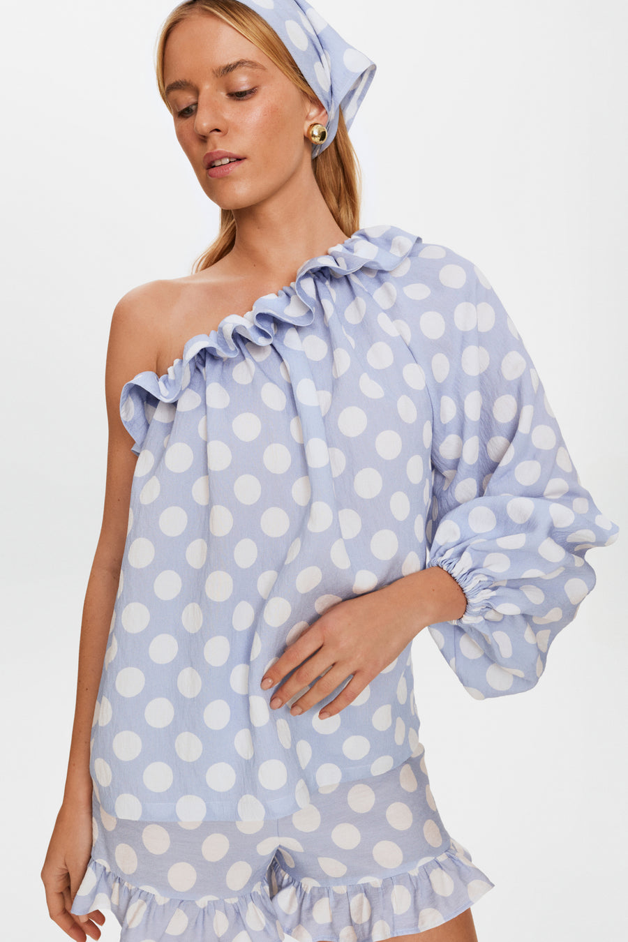 Cha-Cha Lounge Shorts with Headscarf in Blue Polka Dot