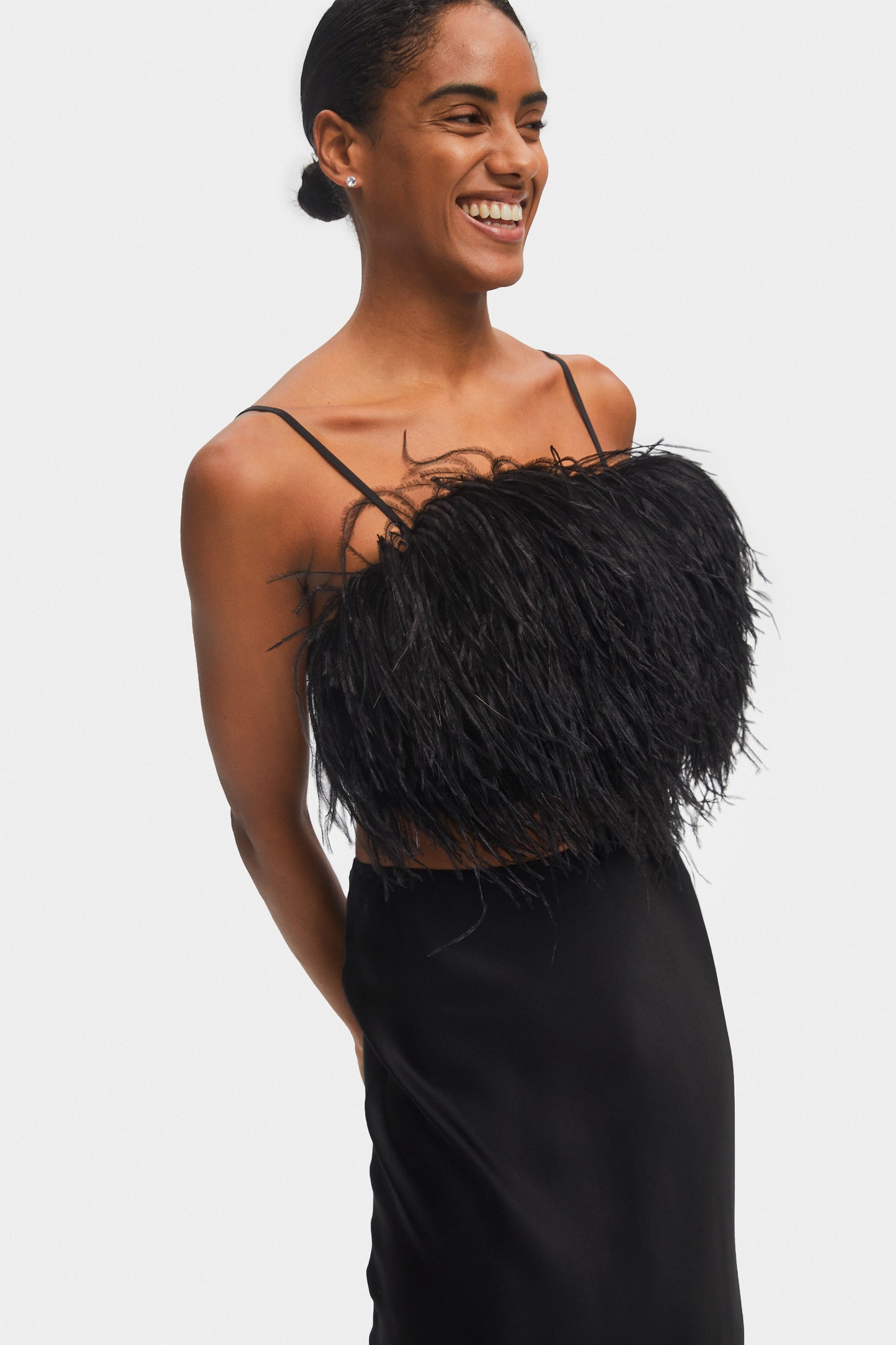 Boheme Feather Trimmed Ecovero™ Satin Top in Black