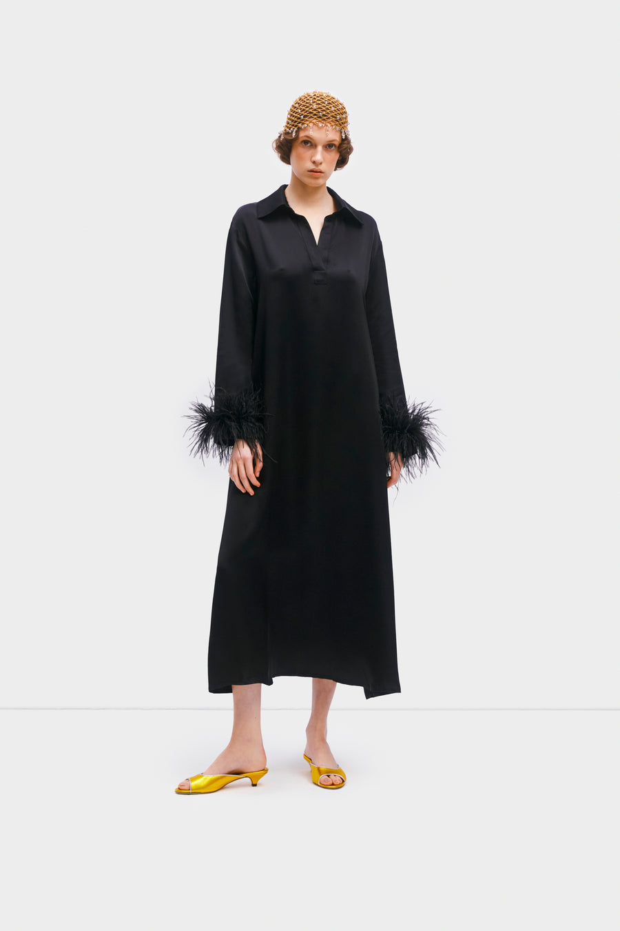 Luna Maxi Dress with Detachable Feathers in Black