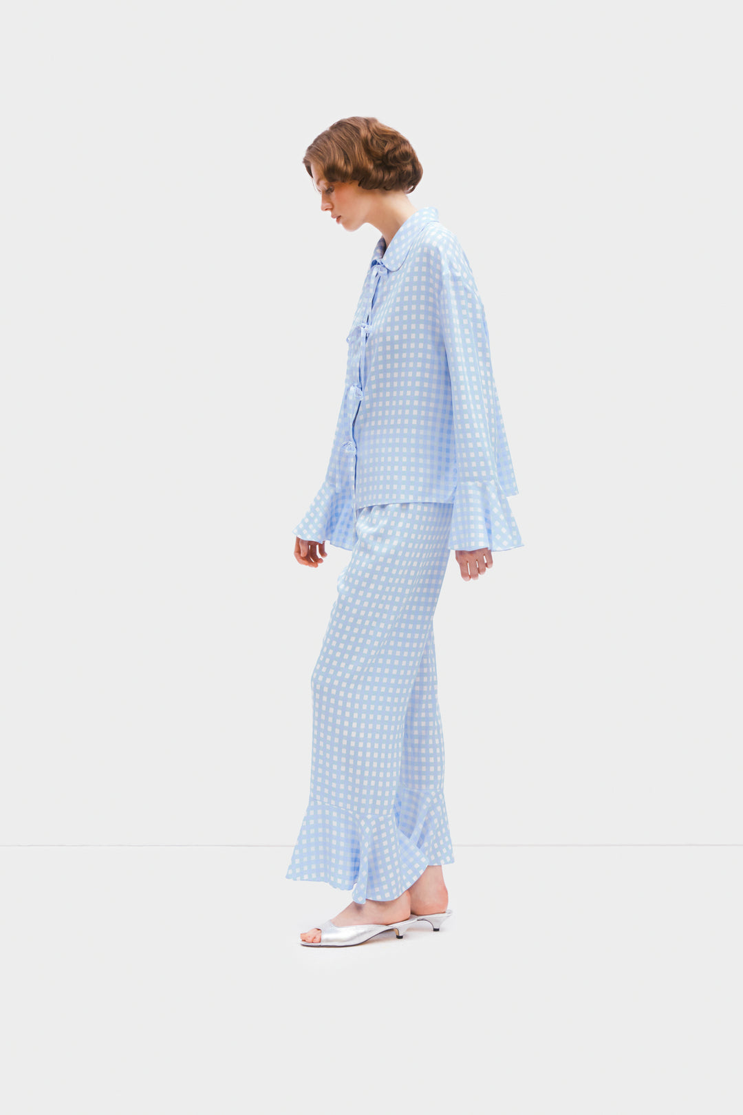 Nebula Pajama Set with Bow Details In Blue Vichy