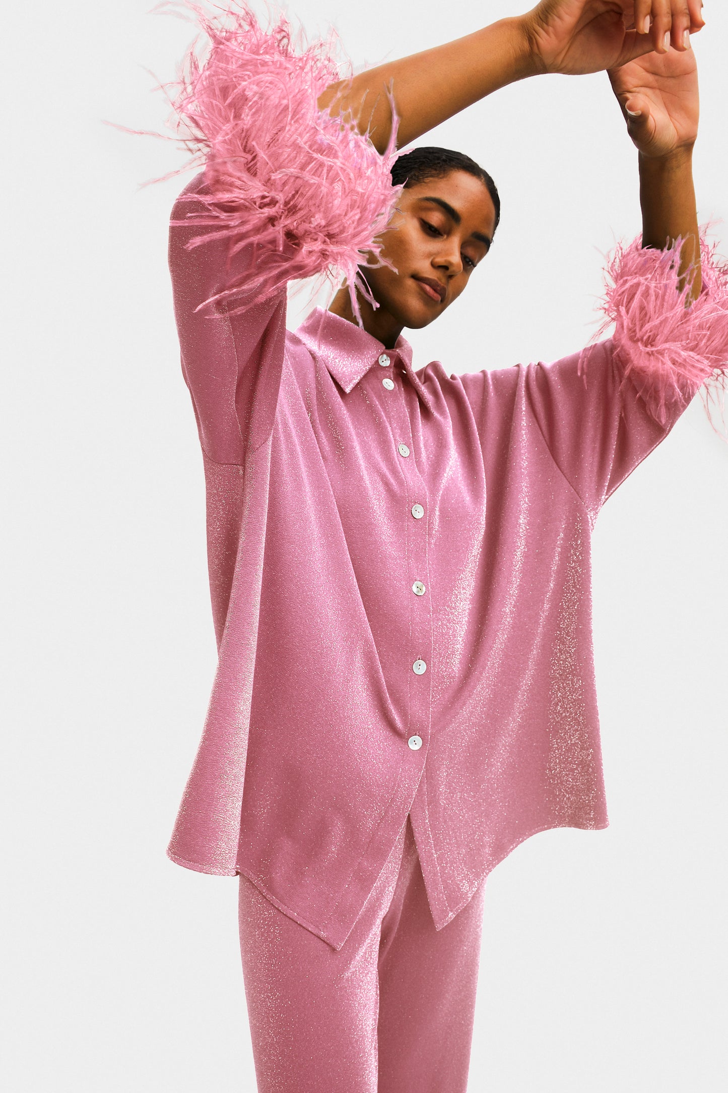 Cosmos Oversized Lurex Pajama Set in Pink