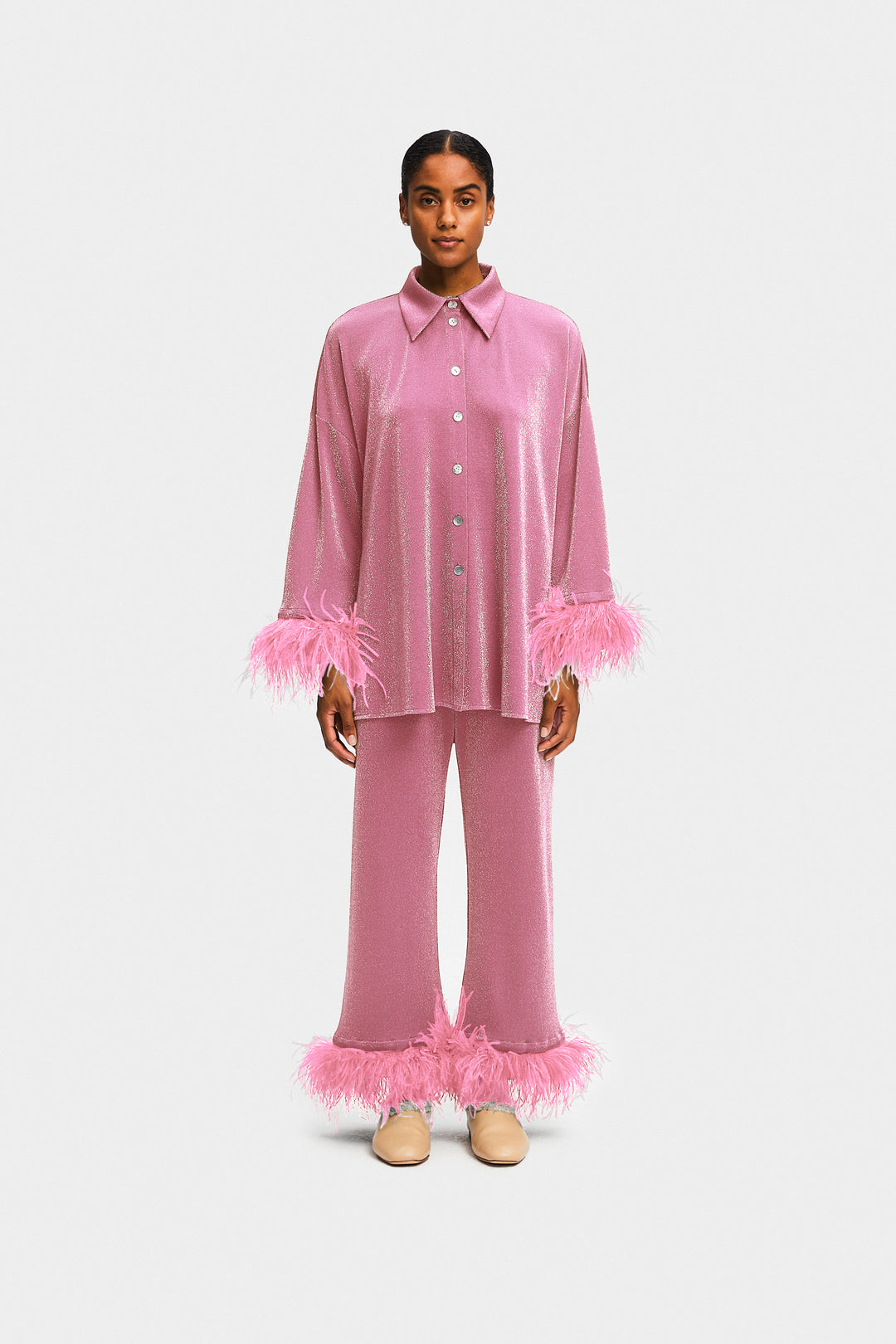 Cosmos Oversized Lurex Pajama Set in Pink