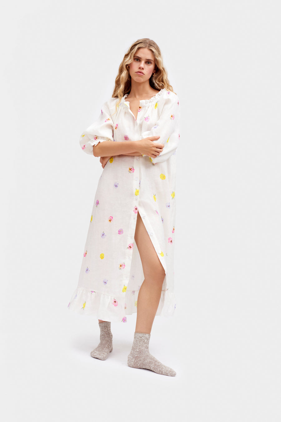 Loungewear Linen Midi Dress in Pansies