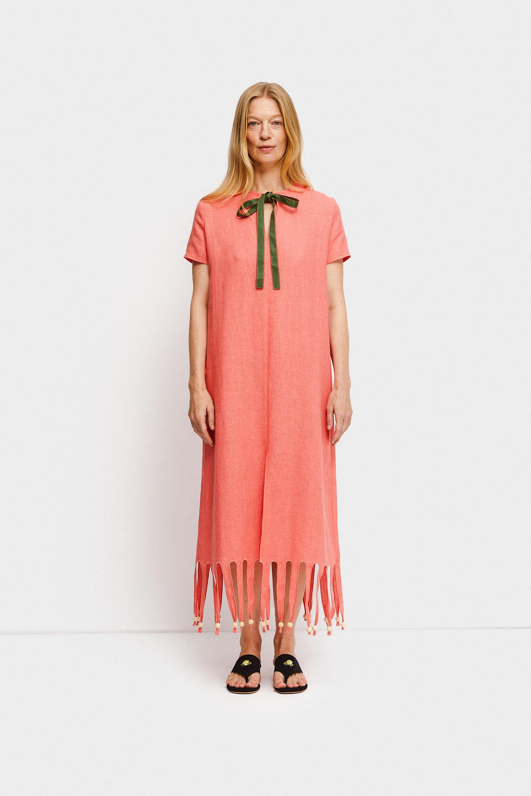 Lambada Fringed Linen Maxi Dress in Strawberry