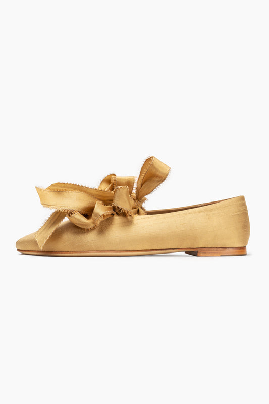 Mille-feuille Silk Flats with Bows in Gold