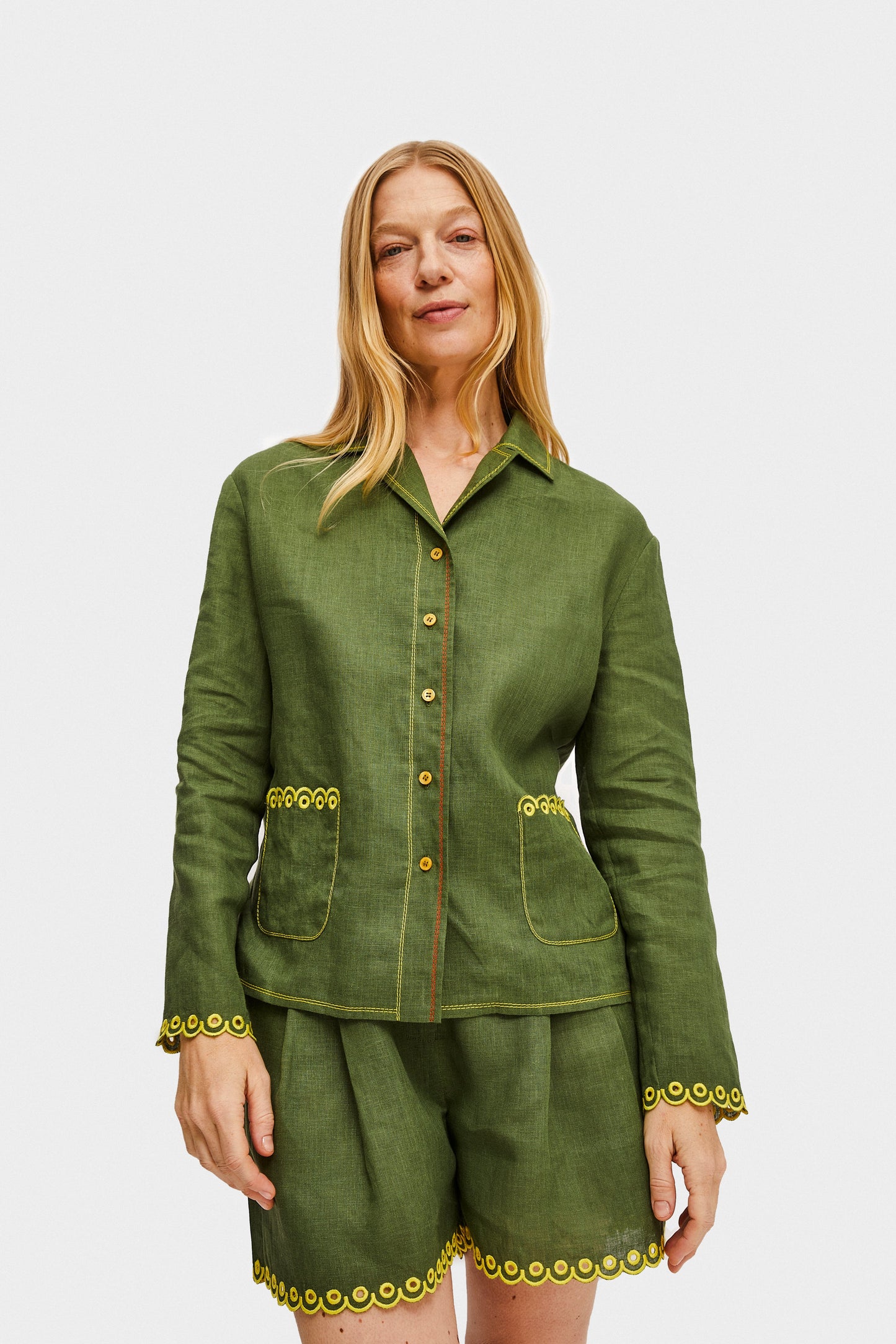 Petra Embroidered Linen Shirt in Green