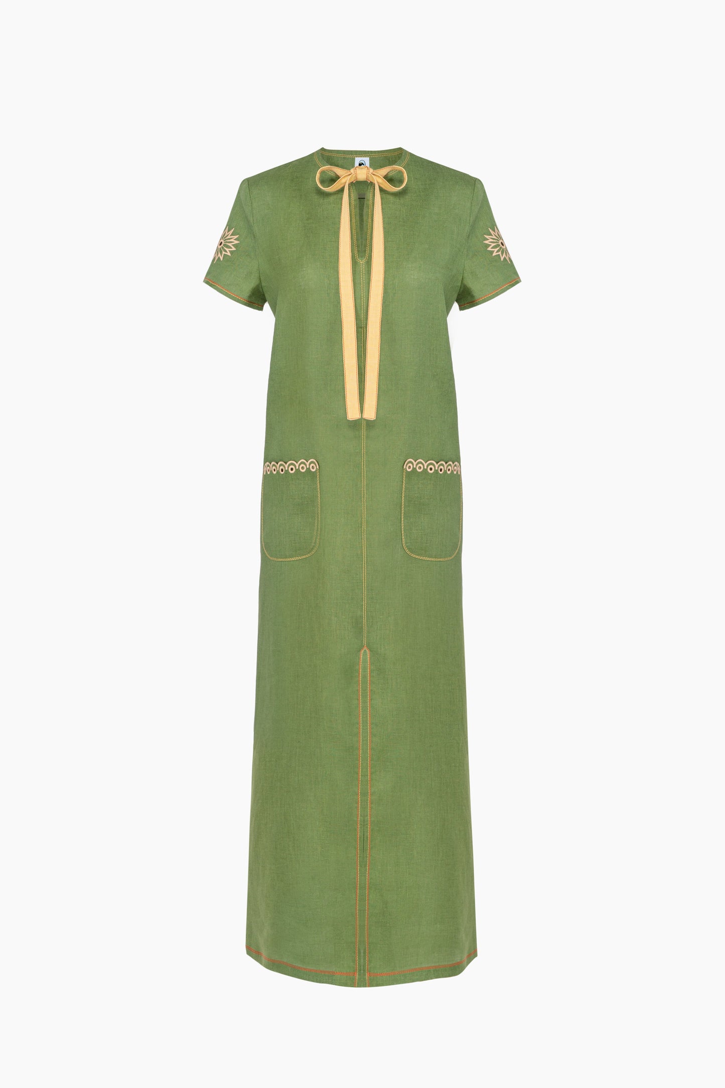 Petra Embroidered Linen Maxi Dress in Green