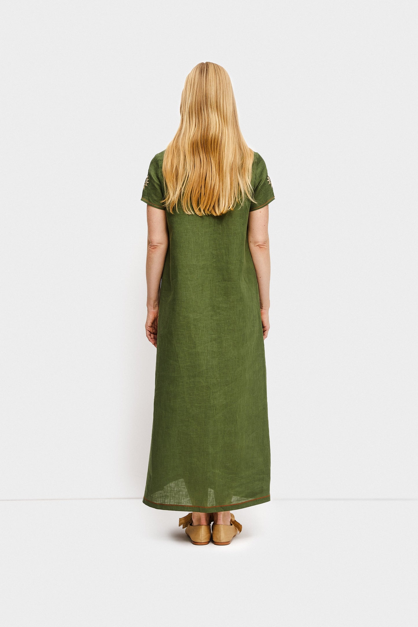 Petra Embroidered Linen Maxi Dress in Green