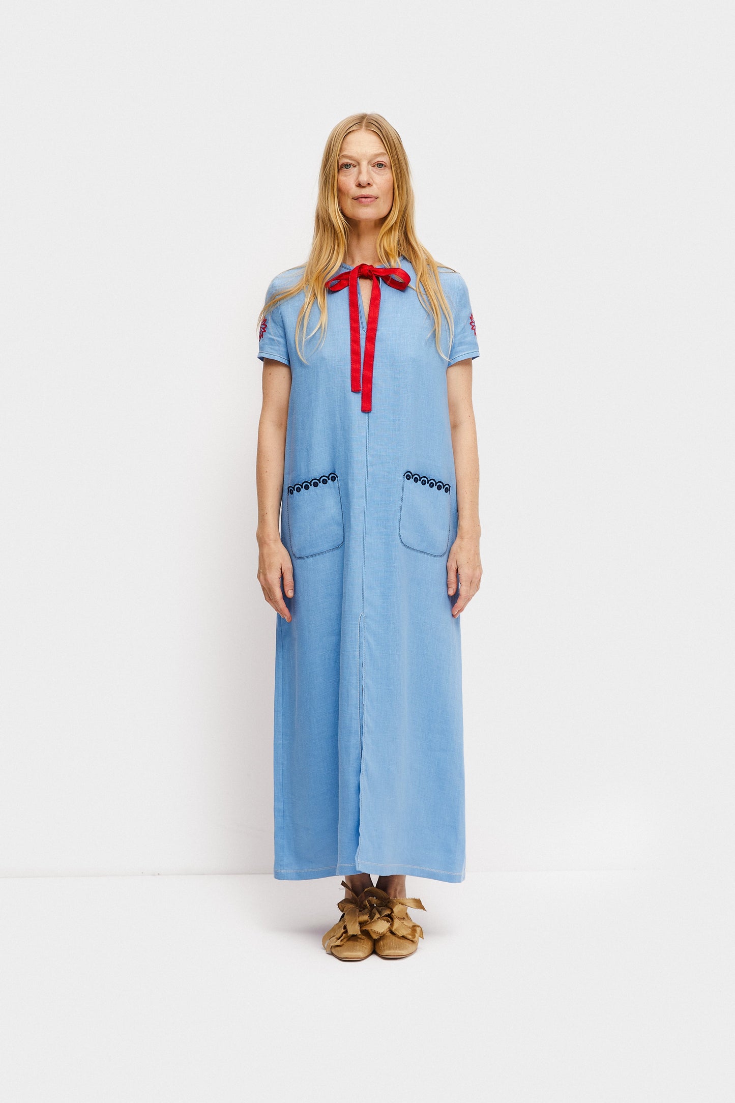 Petra Embroidered Linen Maxi Dress in Blue