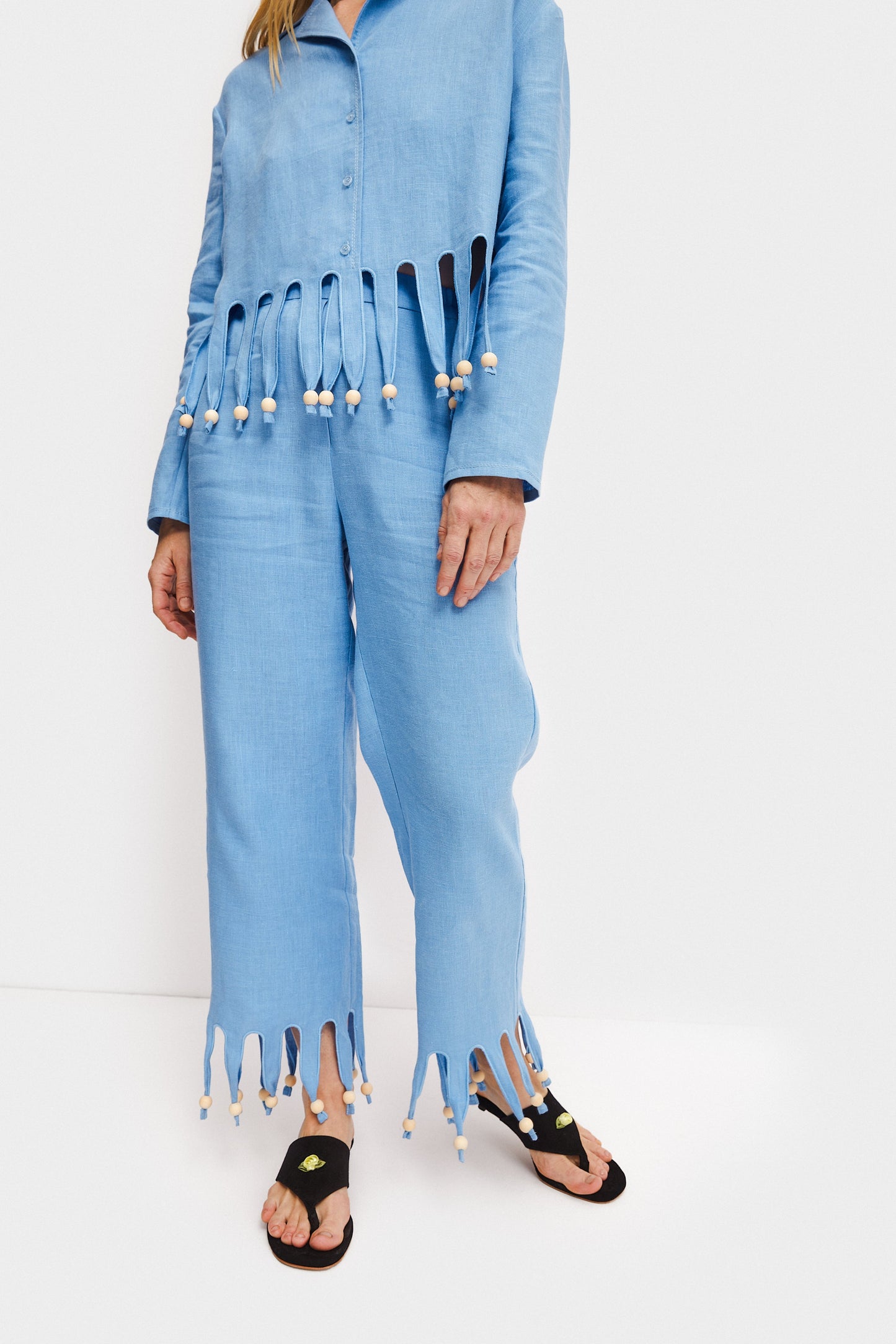 Lambada Fringed Linen Pants in Blue