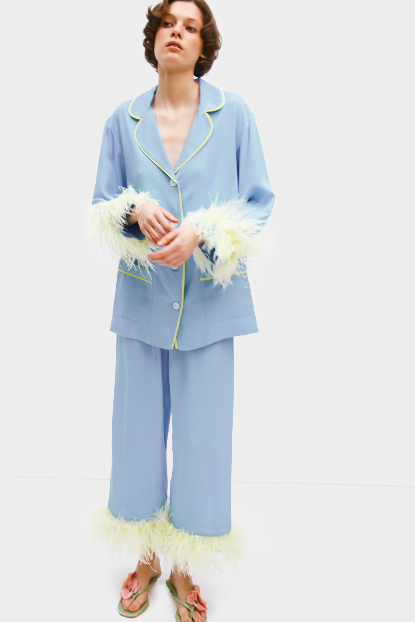 Party Pajama Set with Double Yellow Feathers in Blue