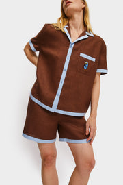 Garrick Embroidered Linen Short-sleeved Shirt in Brown