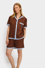 Garrick Embroidered Linen Short-sleeved Shirt in Brown