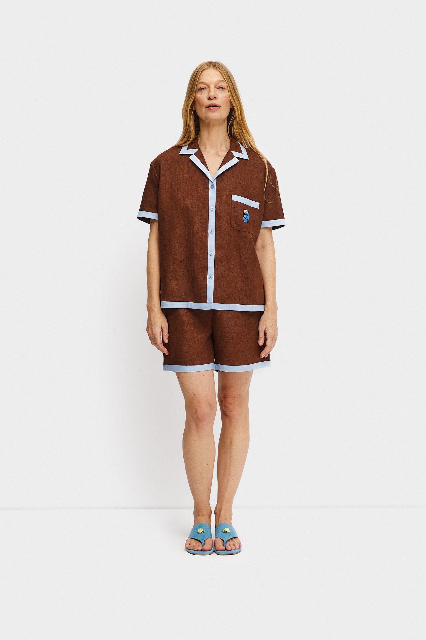 Garrick Embroidered Linen Shorts in Brown