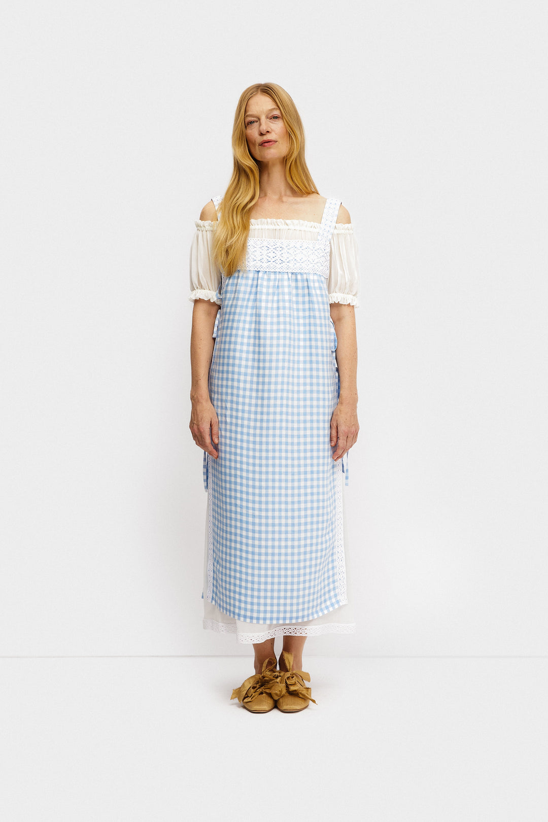 Greta Layered Linen Midi Dress in Blue Vichy