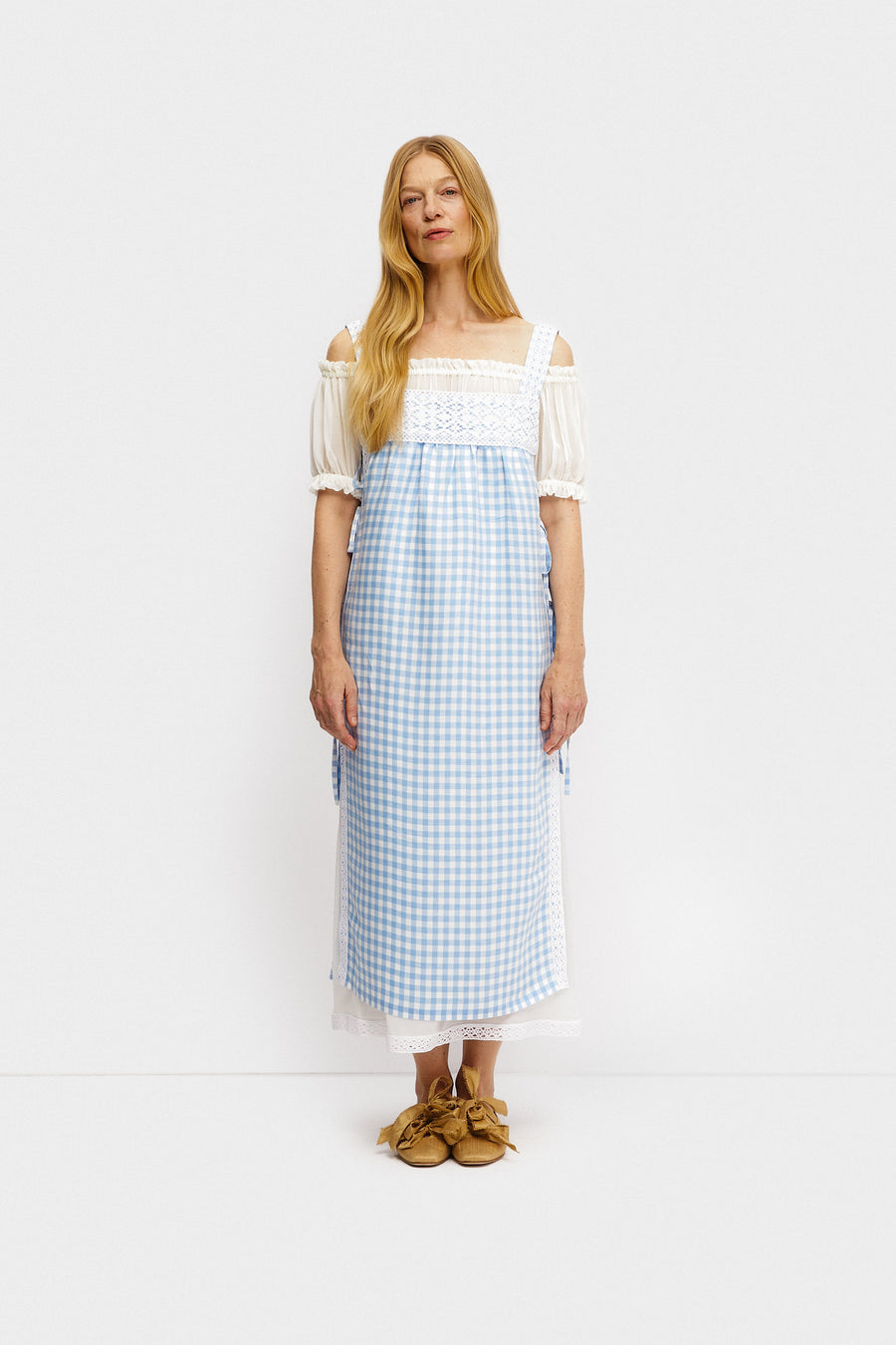 Greta Layered Linen Midi Dress in Blue Vichy