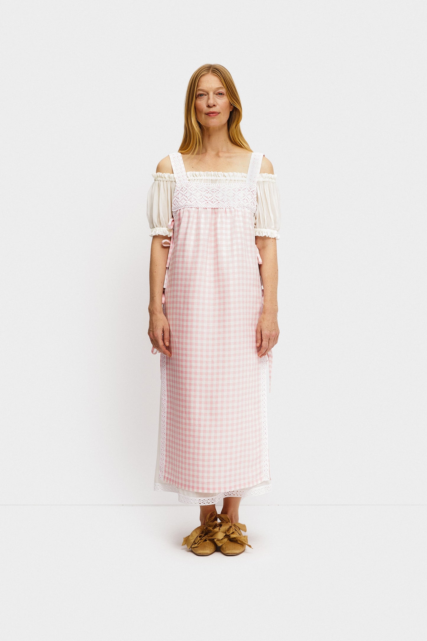 Greta Layered Linen Midi Dress in Pink Vichy