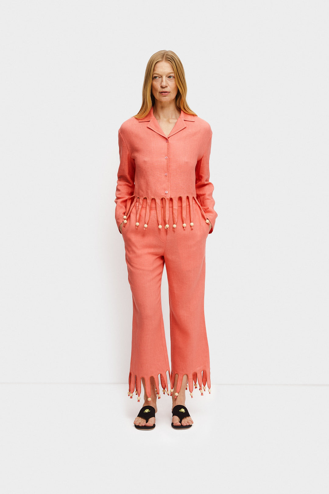 Lambada Fringed Linen Pants in Strawberry