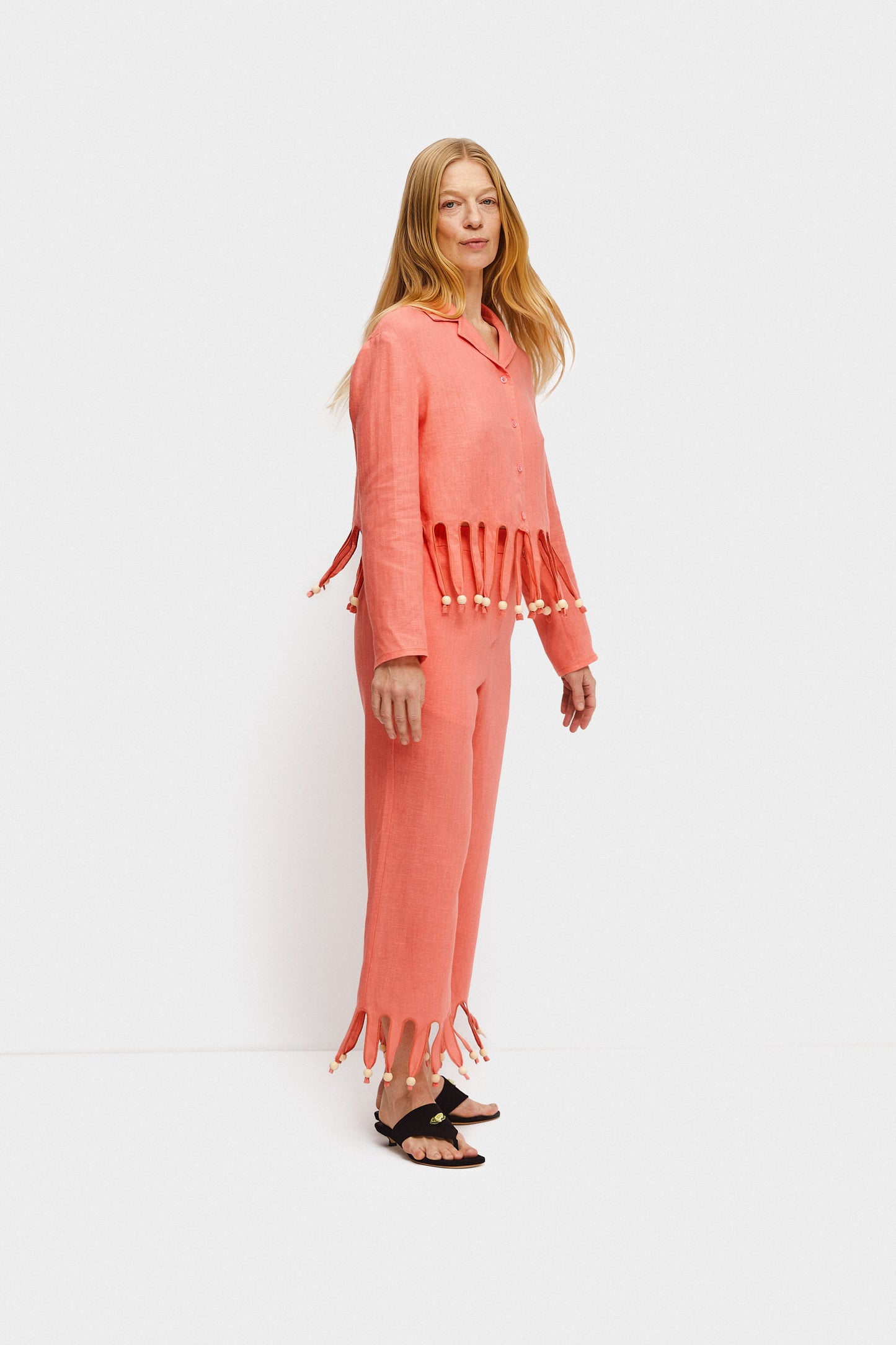 Lambada Fringed Linen Pants in Strawberry