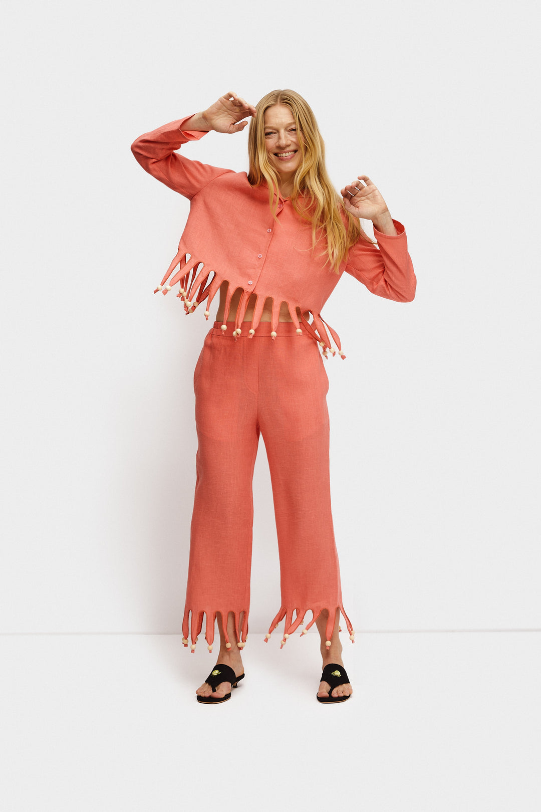 Lambada Fringed Linen Pants in Strawberry