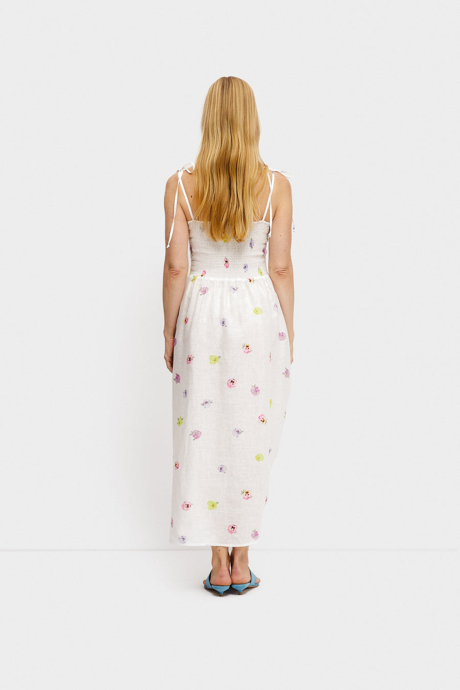 Atlanta Linen Strap Dress with Rose Detail in Pansies