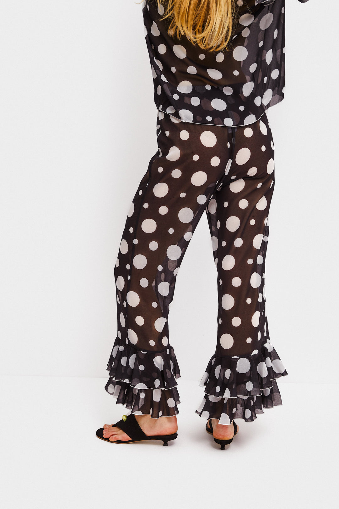 Samba Ruffled Chiffon Polka-dot Pants in Black