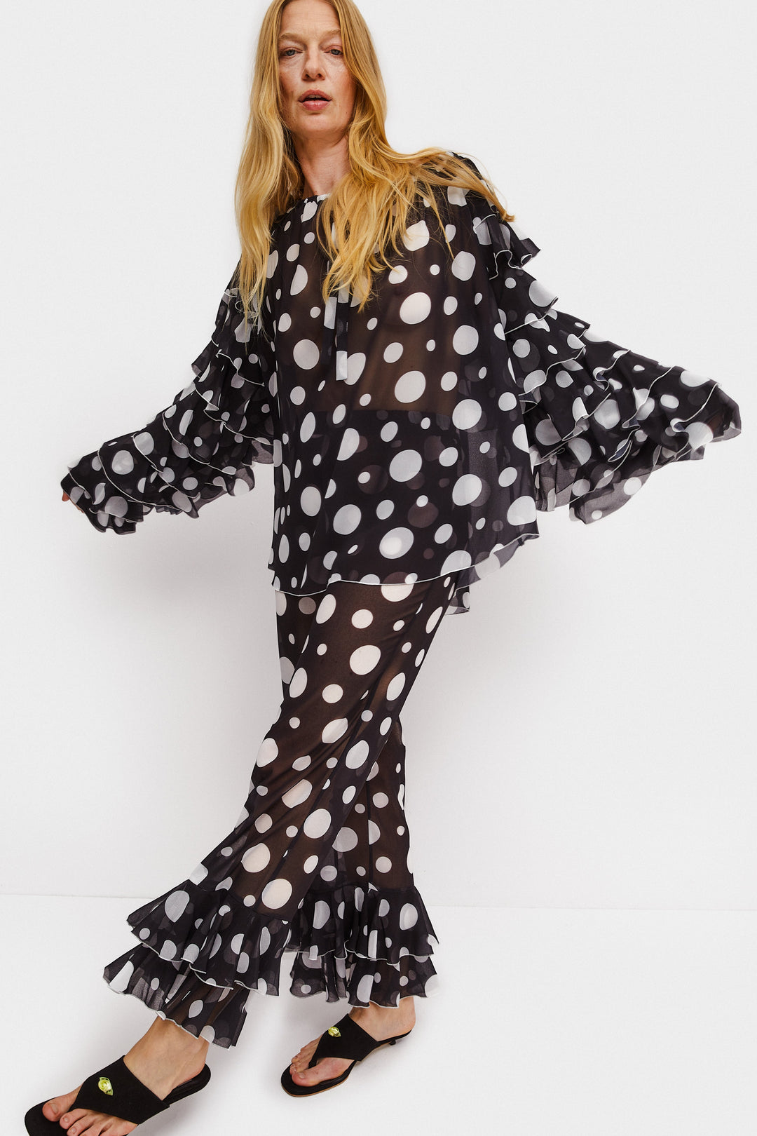 Samba Ruffled Chiffon Polka-dot Pants in Black