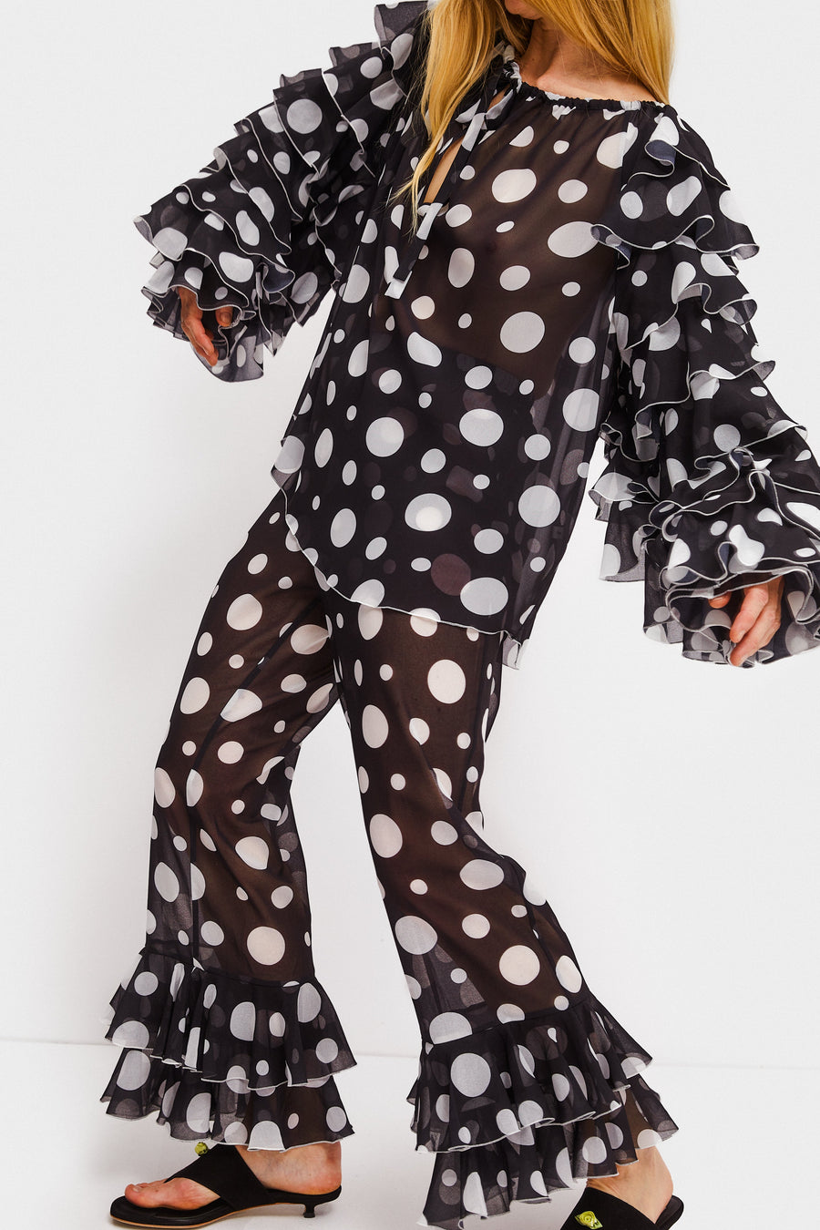 Samba Ruffled Chiffon Polka-dot Pants in Black