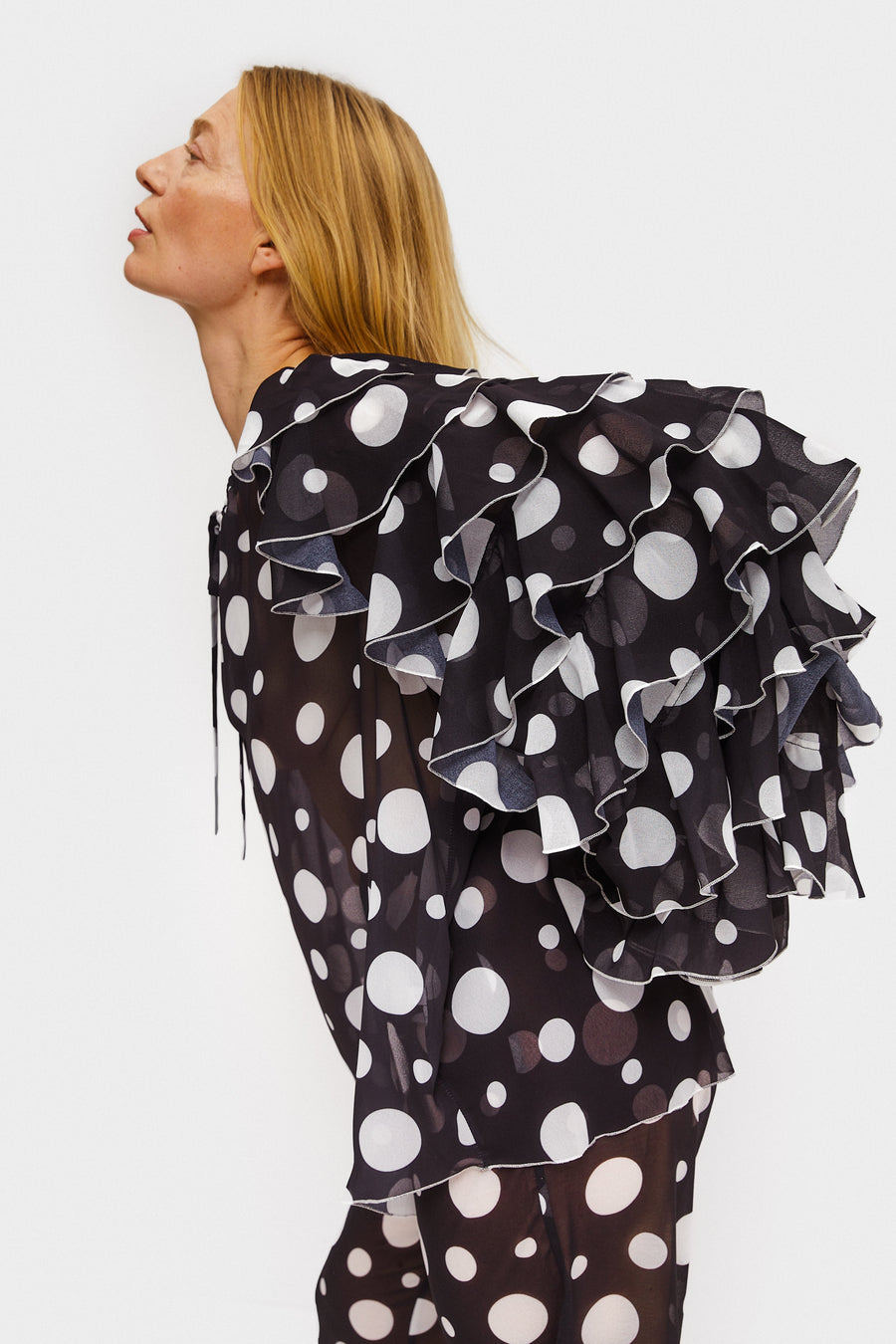 Samba Ruffled Chiffon Polka-dot Shirt in Black