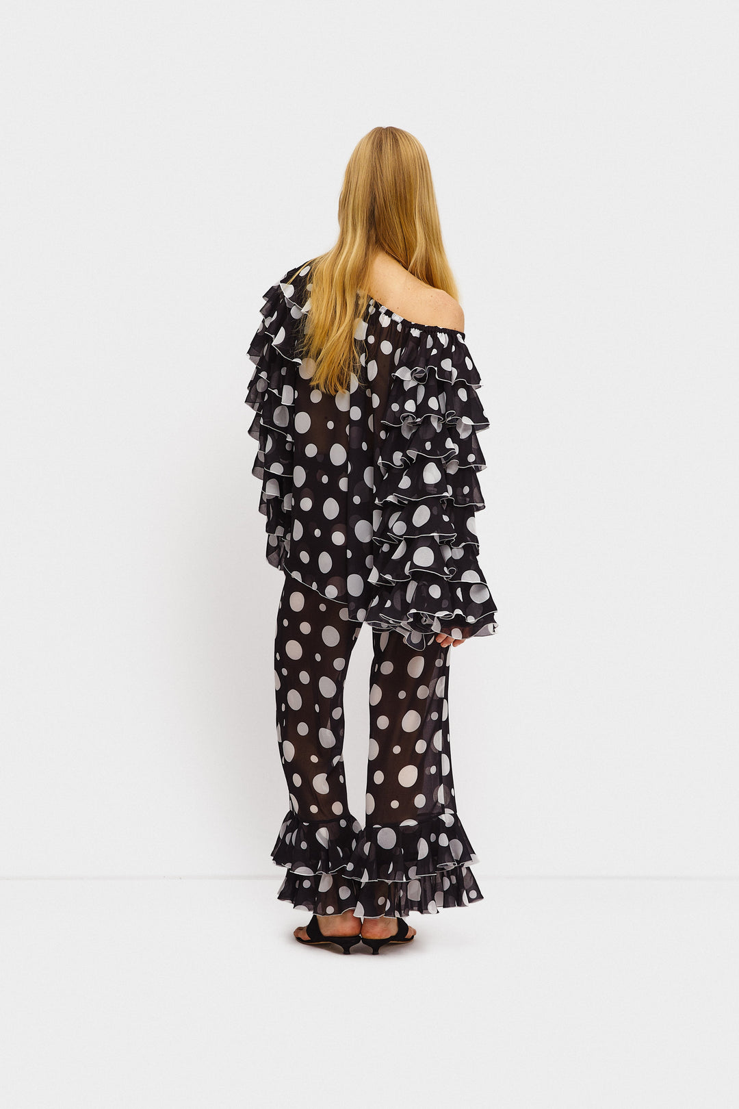 Samba Ruffled Chiffon Polka-dot Pants in Black