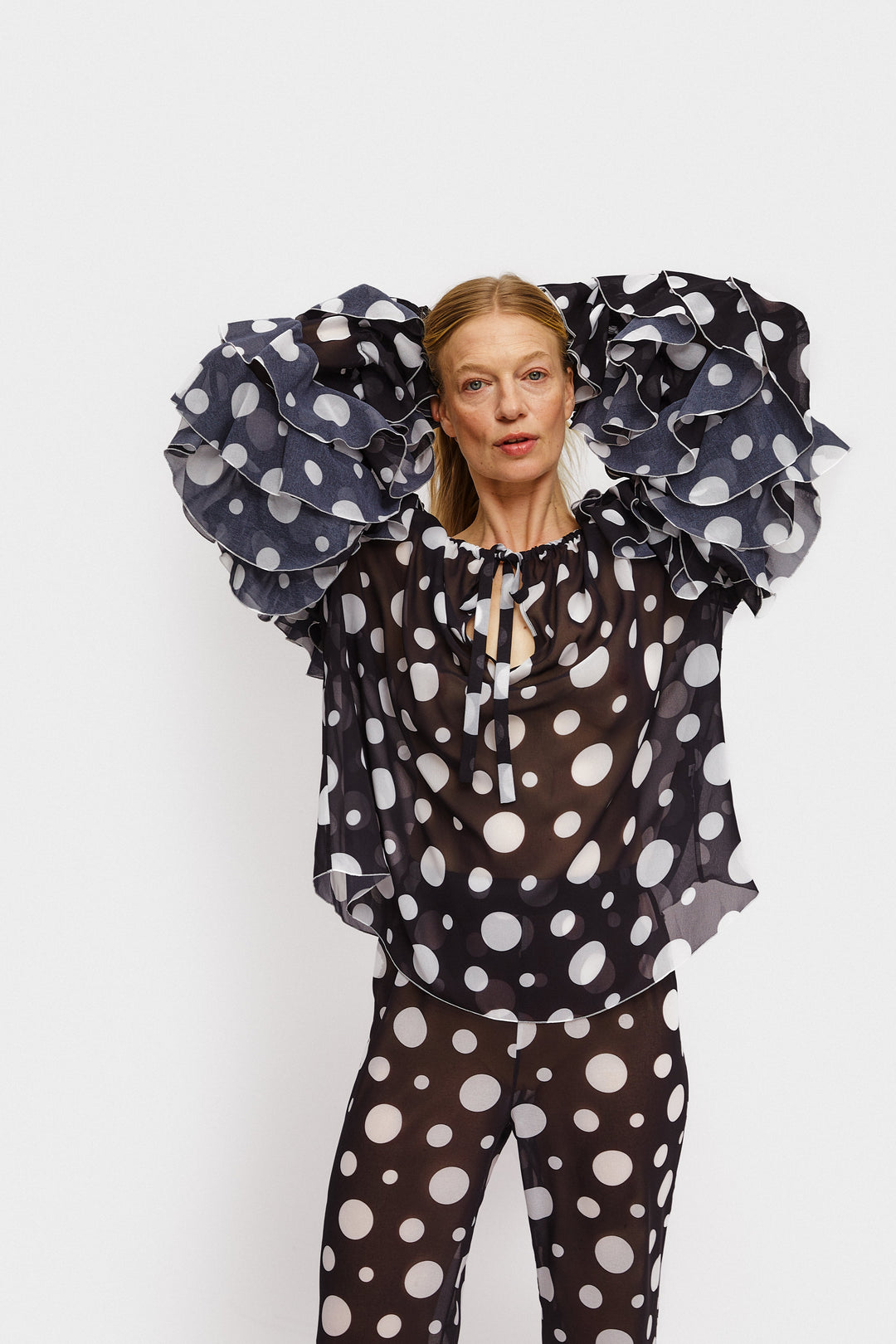 Samba Ruffled Chiffon Polka-dot Shirt in Black