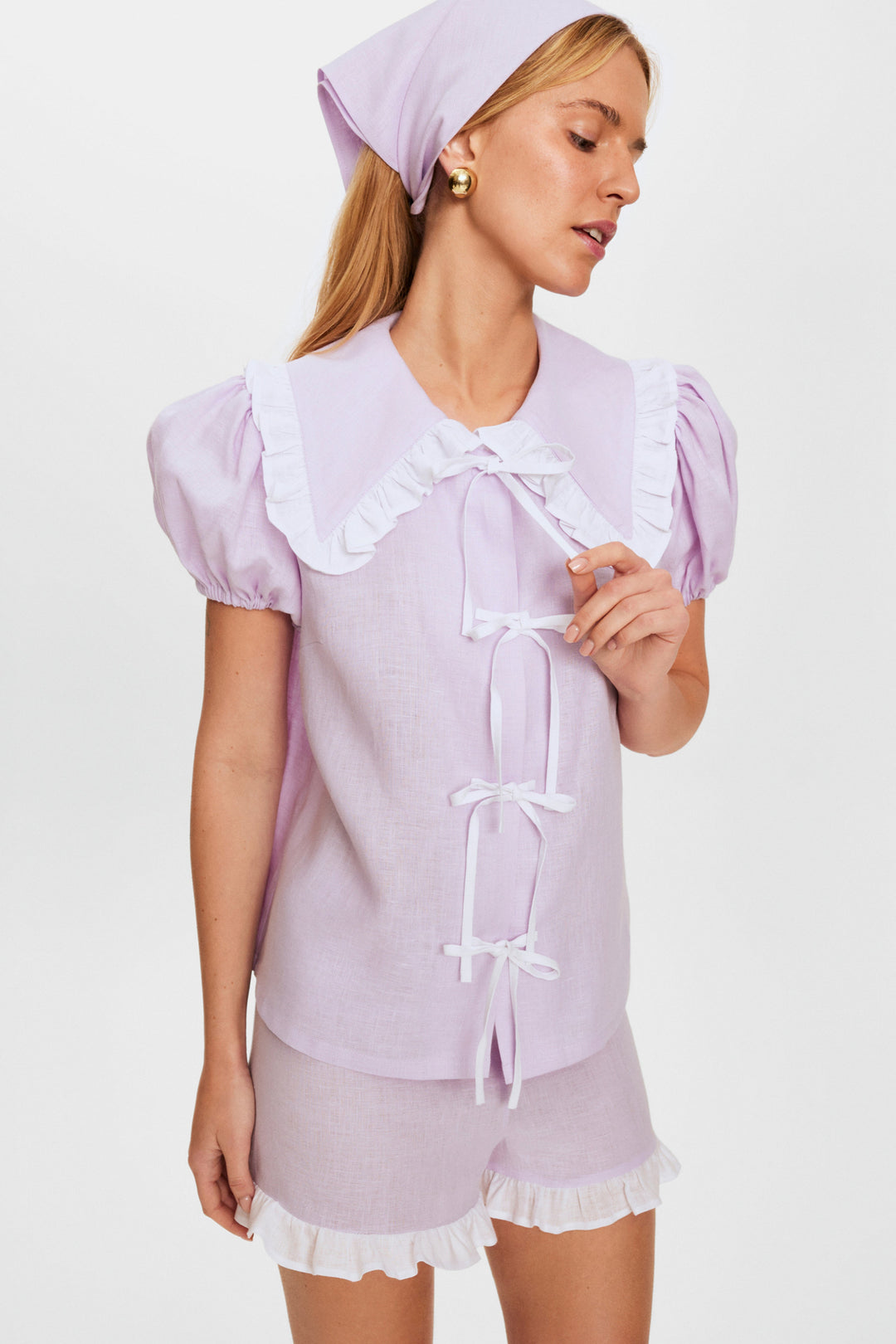 Puff Linen Lounge Shorts with Headscarf in Lavender