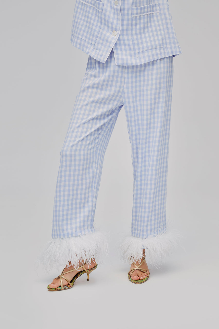 Party Pajamas Set with Detachable Feathers in Blue Vichy