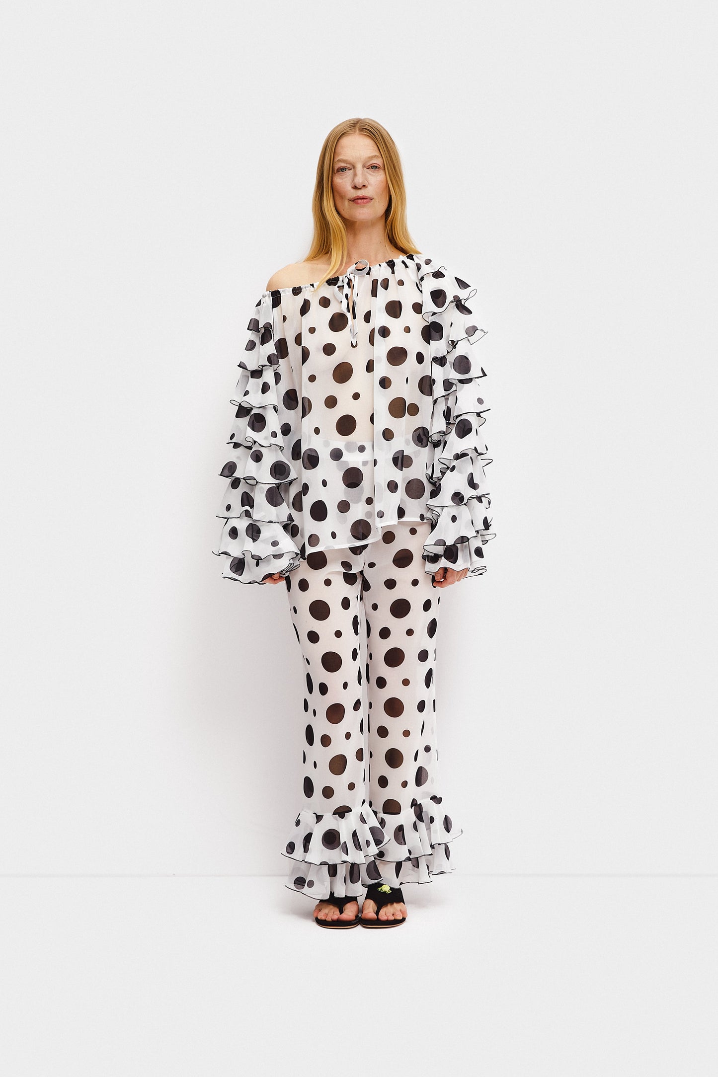 Samba Ruffled Chiffon Polka-dot Pants in White