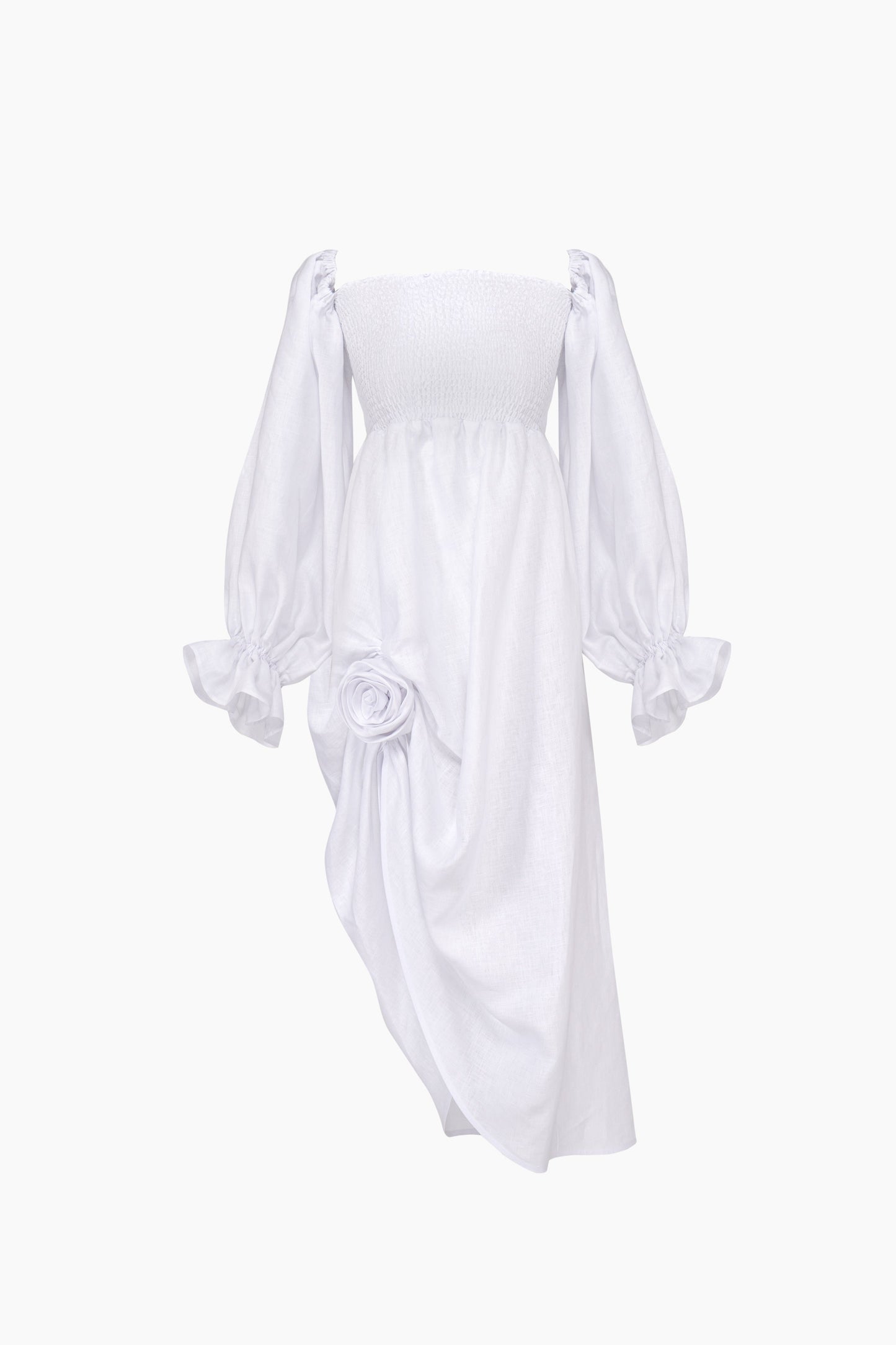 Atlanta Linen Dress with Rose Detail in White