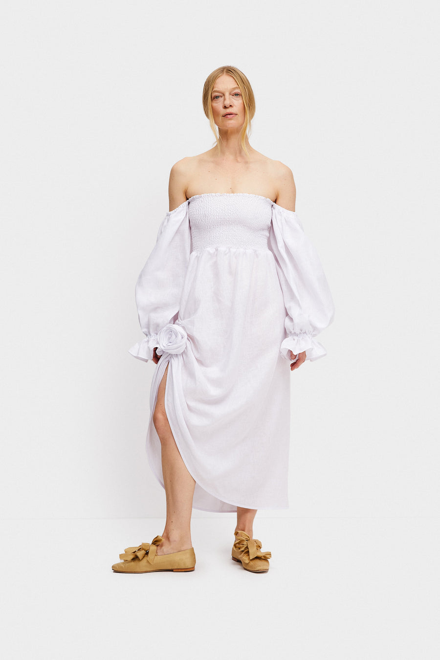 Atlanta Linen Dress with Rose Detail in White