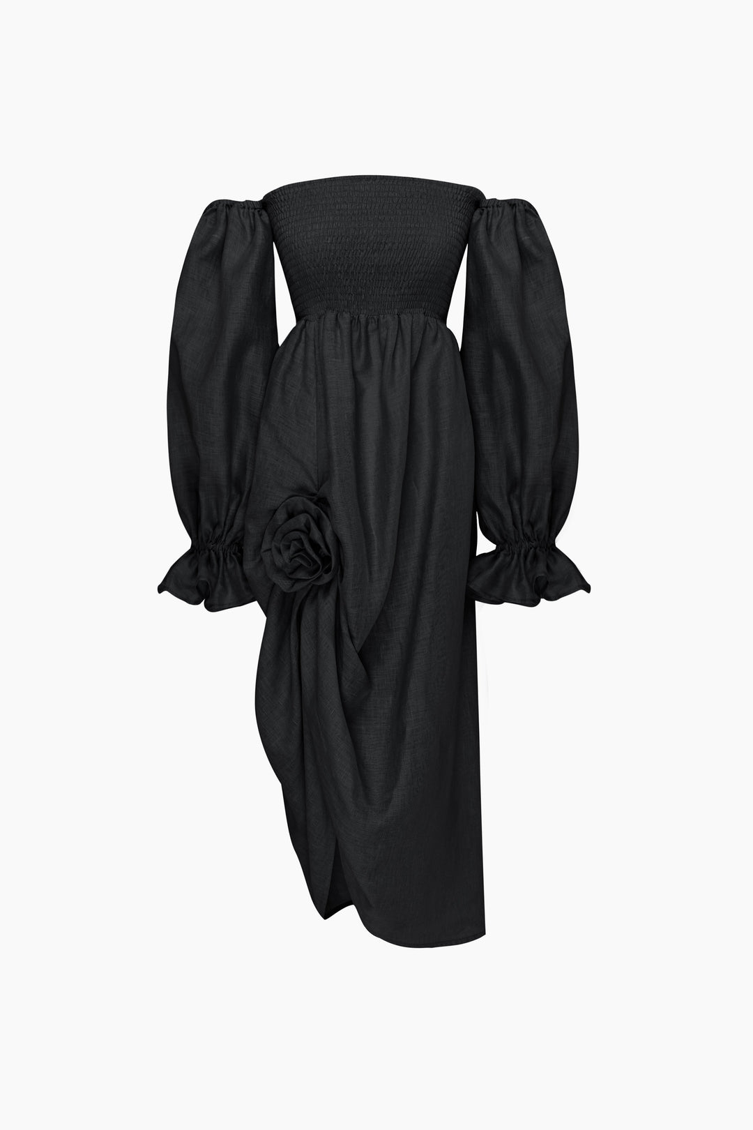 Atlanta Linen Dress with Rose Detail in Black