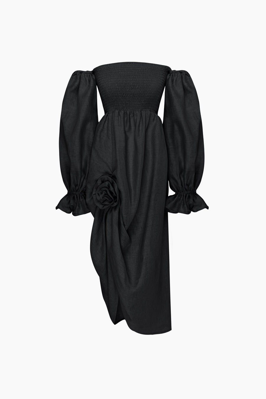 Atlanta Linen Dress with Rose Detail in Black