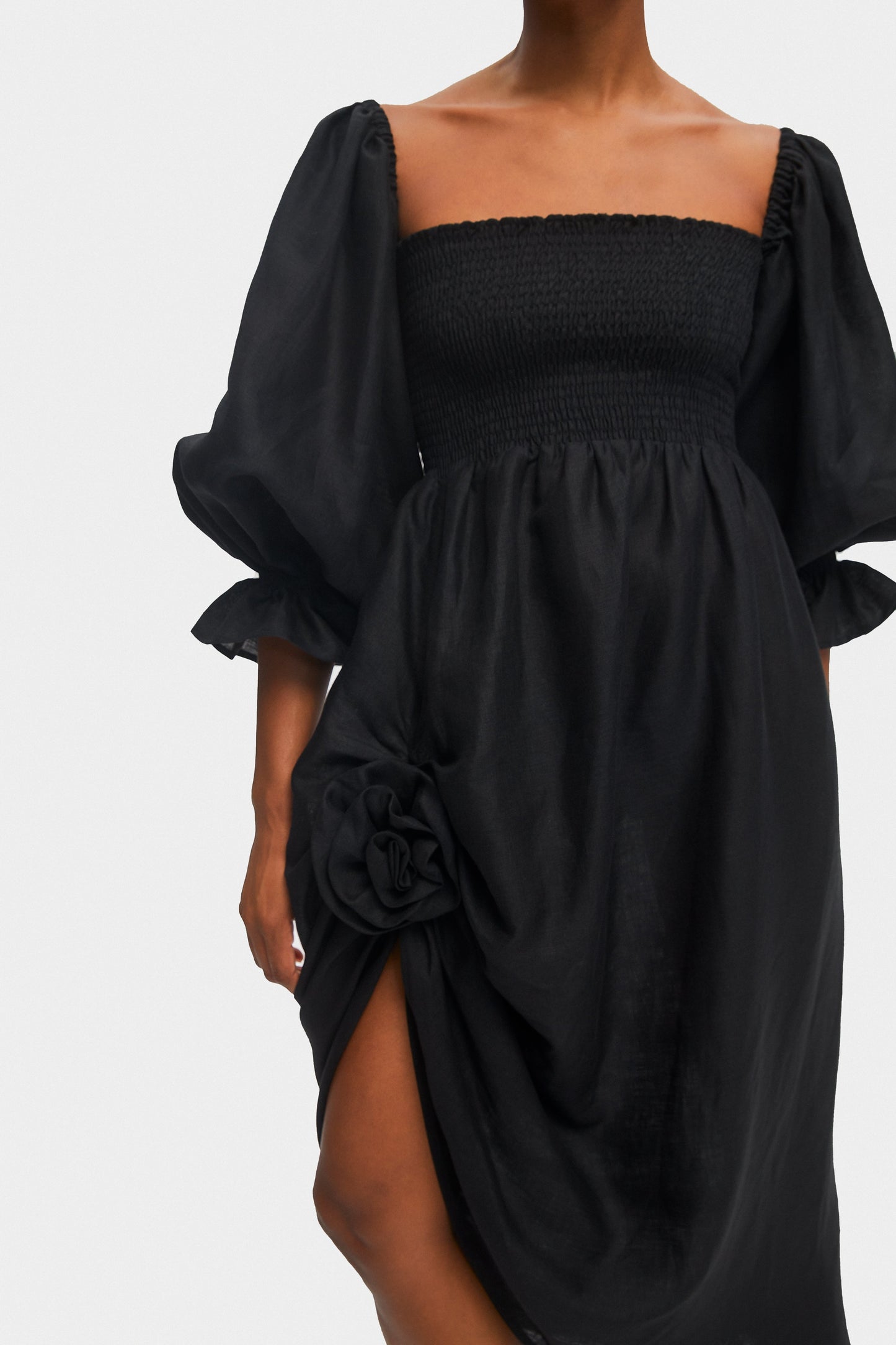 Atlanta Linen Dress with Rose Detail in Black