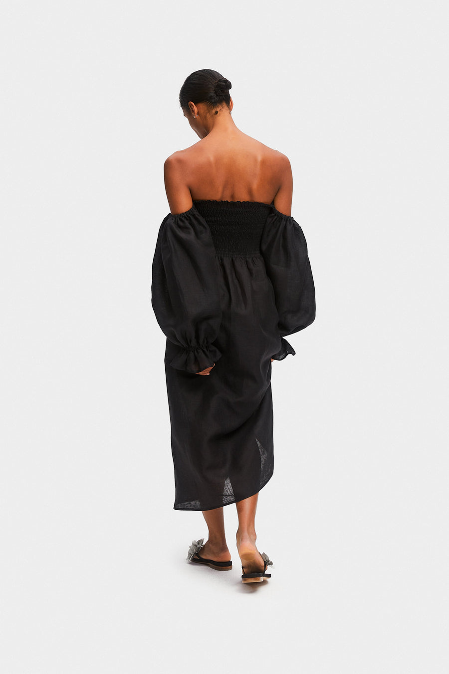 Atlanta Linen Dress with Rose Detail in Black