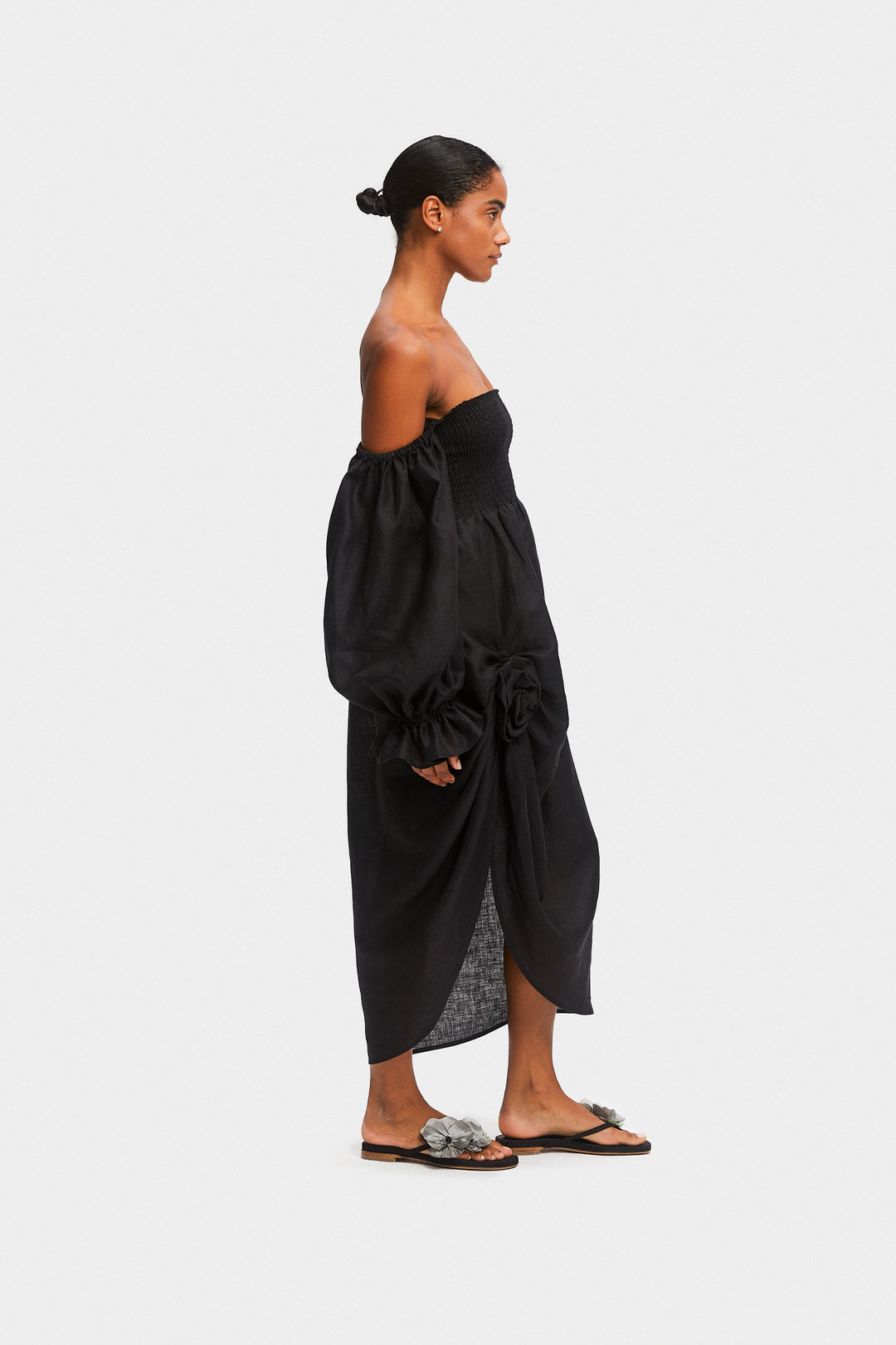 Atlanta Linen Dress with Rose Detail in Black